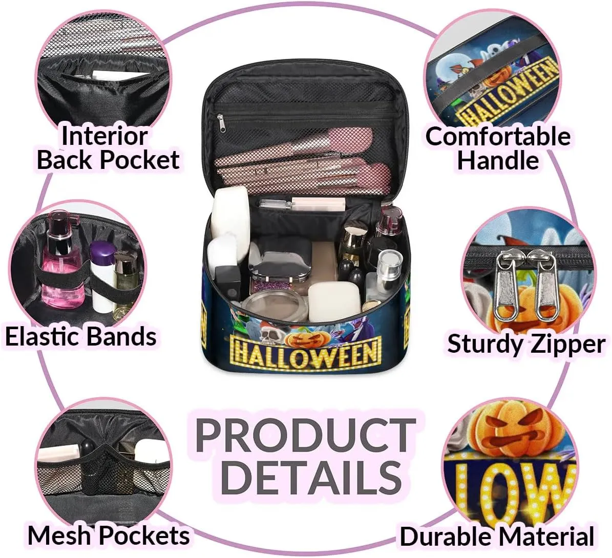 Halloween Topic Makeup Bag Small Cosmetic Bag for Women Travel Makeup Case Organizer Portable Zipper Make Up Brush Bag Cute Toiletry Bag Storage Bags with Handle