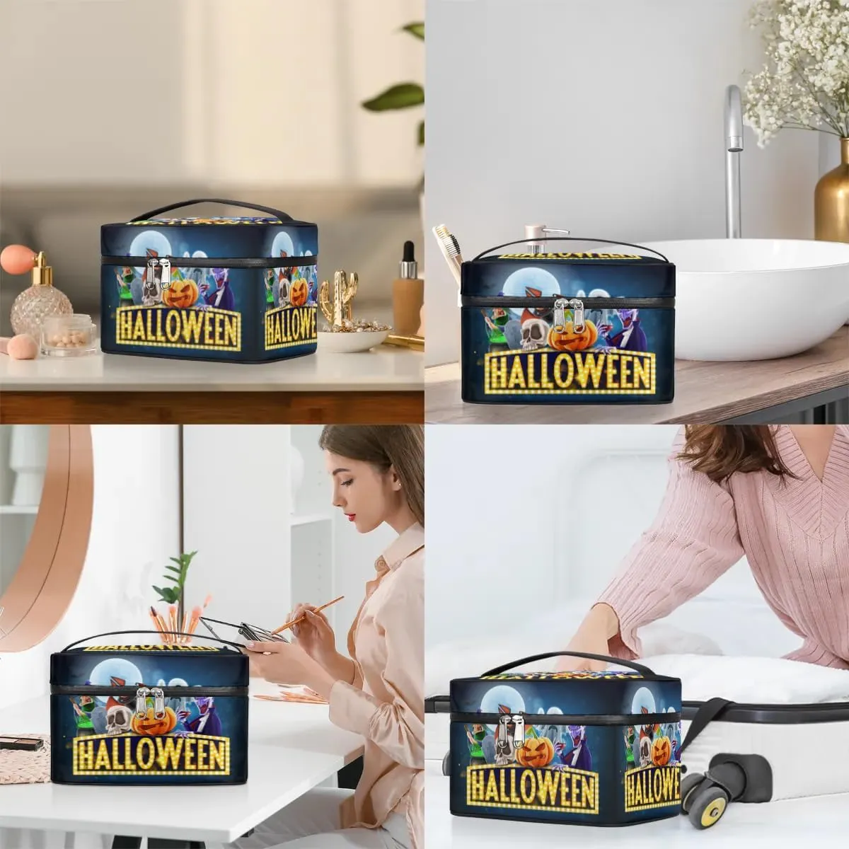 Halloween Topic Makeup Bag Small Cosmetic Bag for Women Travel Makeup Case Organizer Portable Zipper Make Up Brush Bag Cute Toiletry Bag Storage Bags with Handle