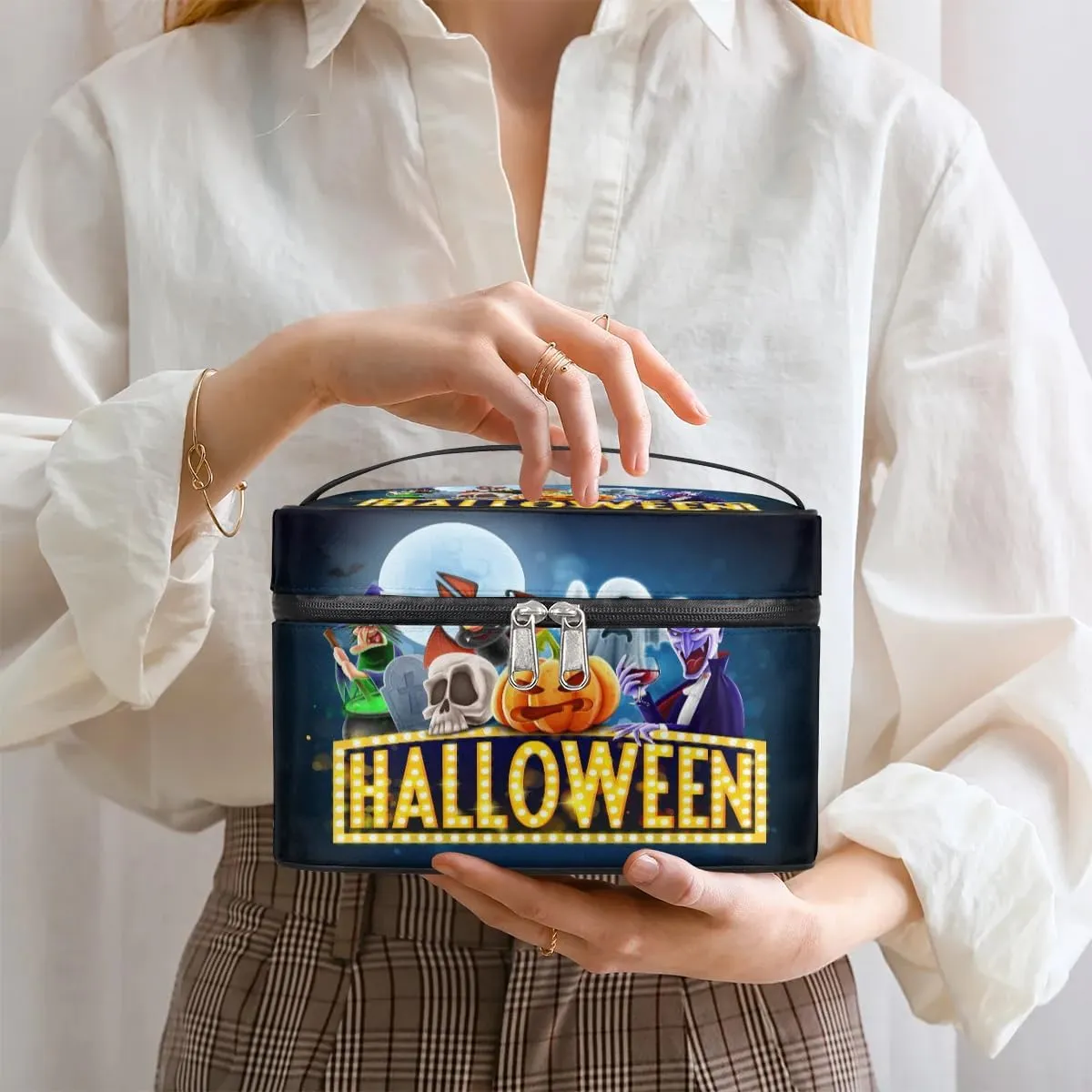 Halloween Topic Makeup Bag Small Cosmetic Bag for Women Travel Makeup Case Organizer Portable Zipper Make Up Brush Bag Cute Toiletry Bag Storage Bags with Handle
