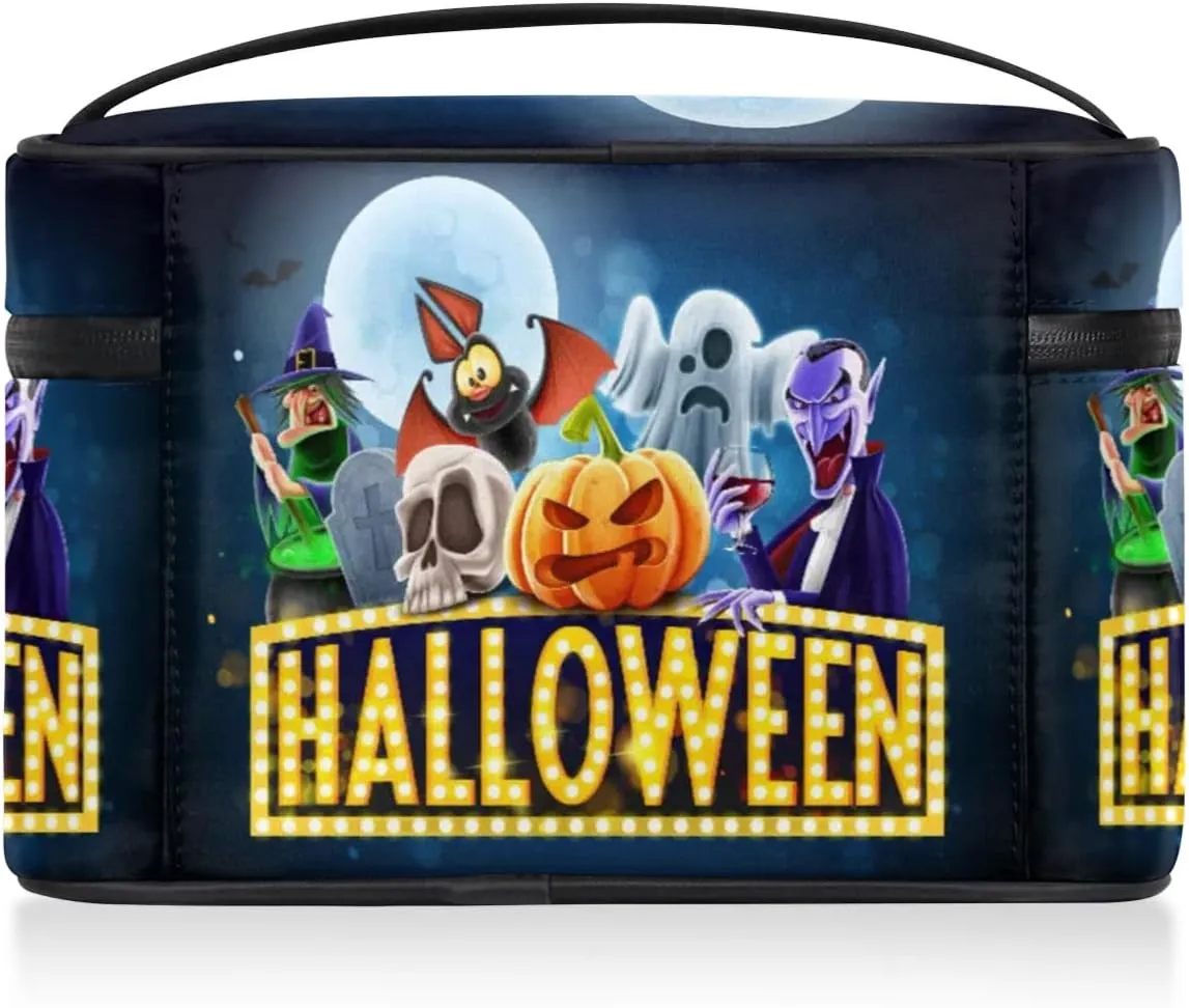 Halloween Topic Makeup Bag Small Cosmetic Bag for Women Travel Makeup Case Organizer Portable Zipper Make Up Brush Bag Cute Toiletry Bag Storage Bags with Handle