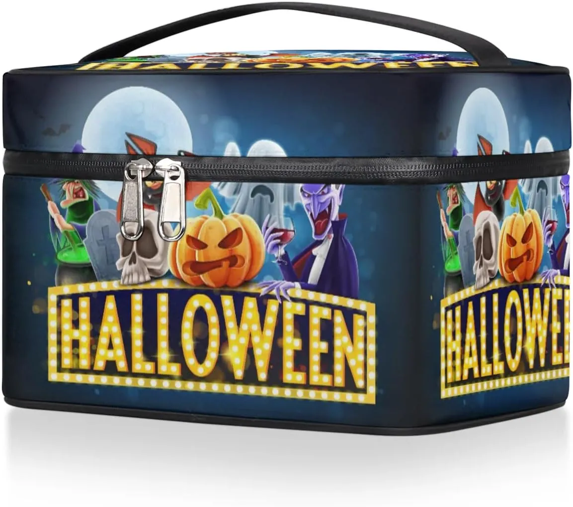 Halloween Topic Makeup Bag Small Cosmetic Bag for Women Travel Makeup Case Organizer Portable Zipper Make Up Brush Bag Cute Toiletry Bag Storage Bags with Handle