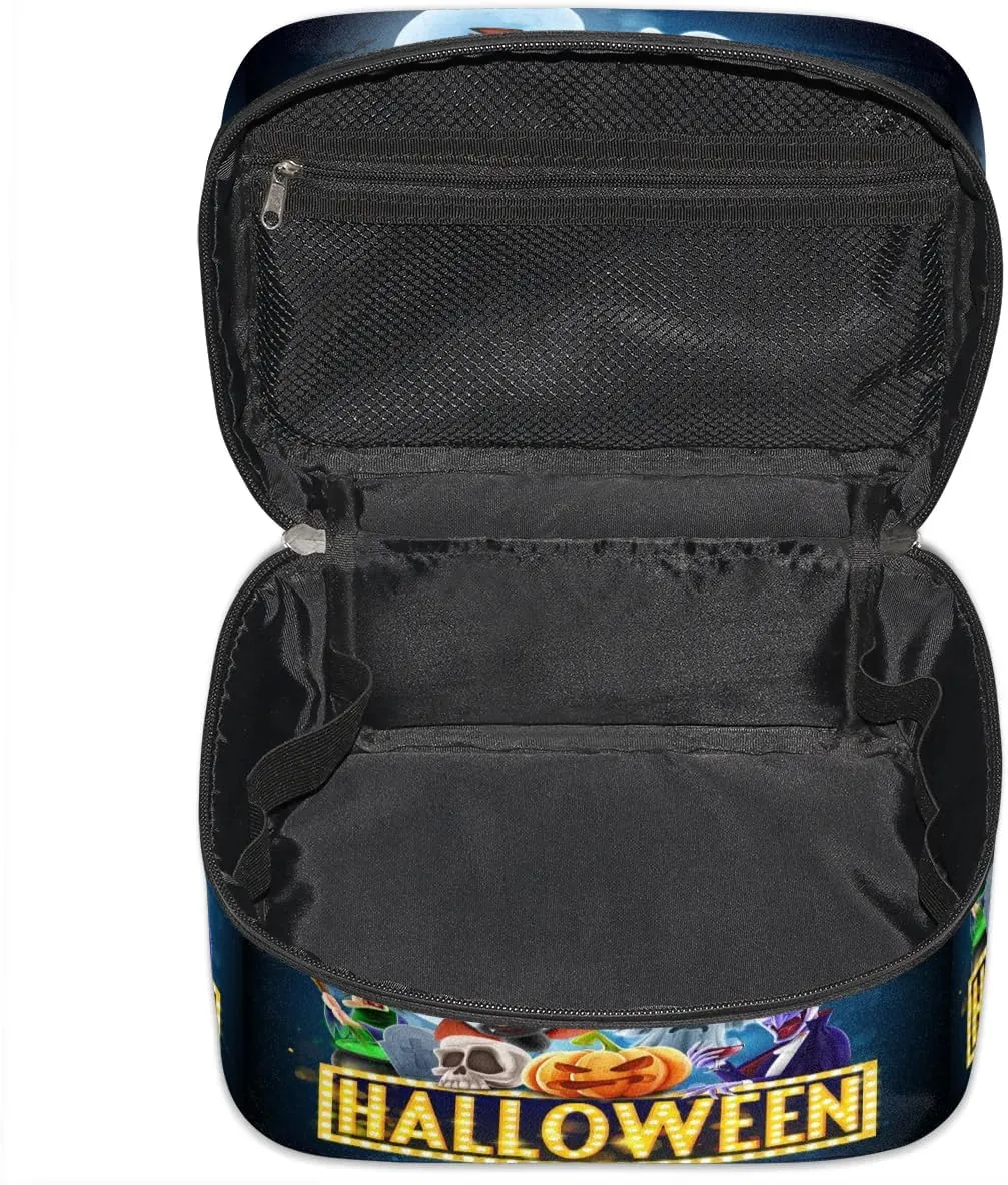 Halloween Topic Makeup Bag Small Cosmetic Bag for Women Travel Makeup Case Organizer Portable Zipper Make Up Brush Bag Cute Toiletry Bag Storage Bags with Handle
