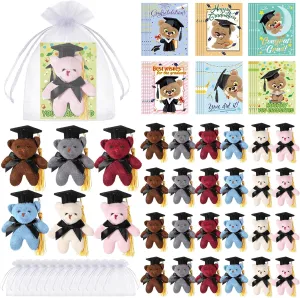 Hanaive 30 Sets Graduation Bear Bulk Bear with Grad Cap Card and Organza Bag Small Plush for Kindergartner College Gifts