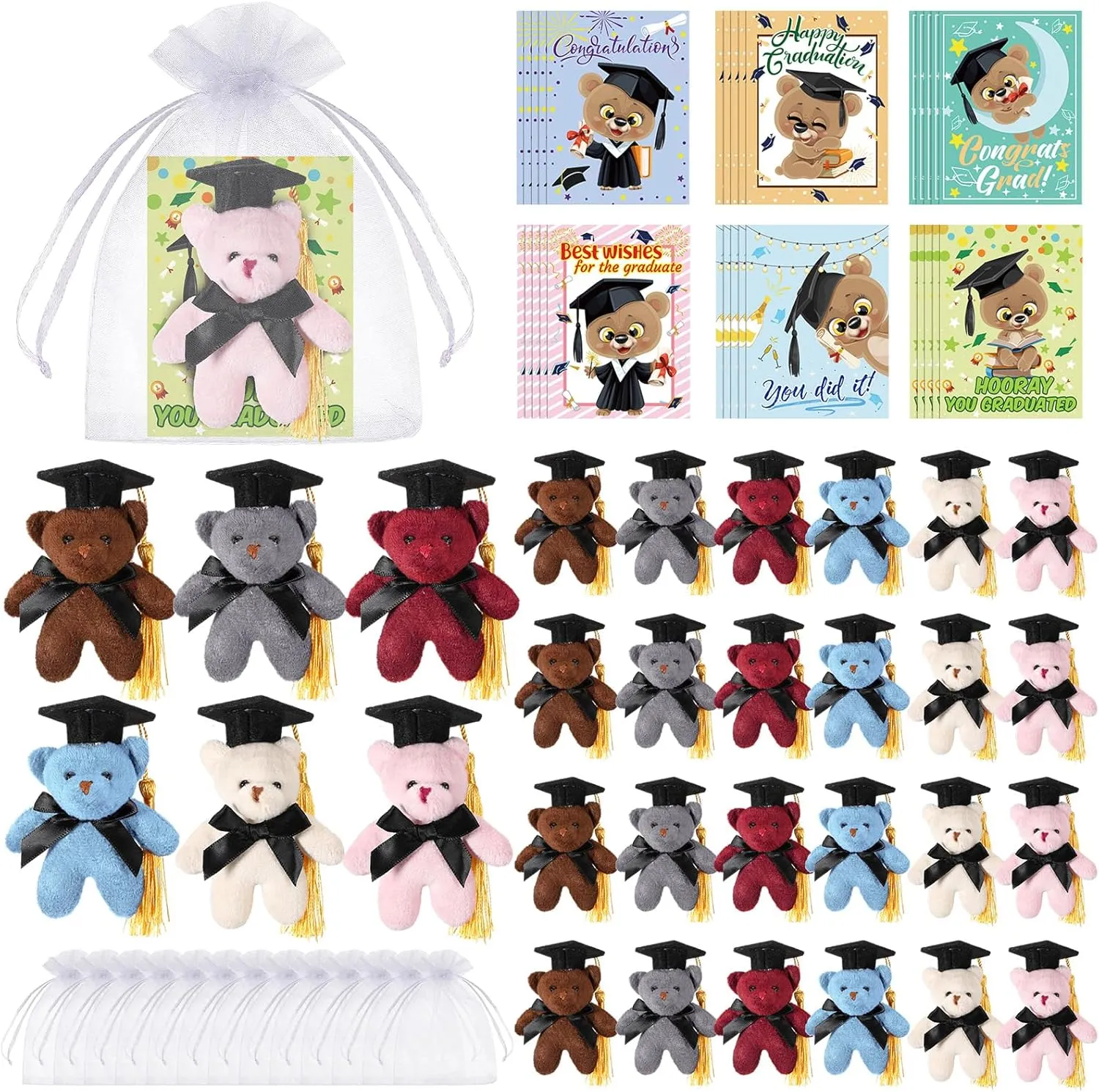 Hanaive 30 Sets Graduation Bear Bulk Bear with Grad Cap Card and Organza Bag Small Plush for Kindergartner College Gifts