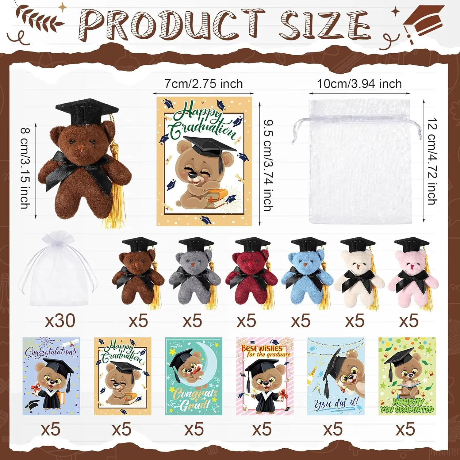 Hanaive 30 Sets Graduation Bear Bulk Bear with Grad Cap Card and Organza Bag Small Plush for Kindergartner College Gifts