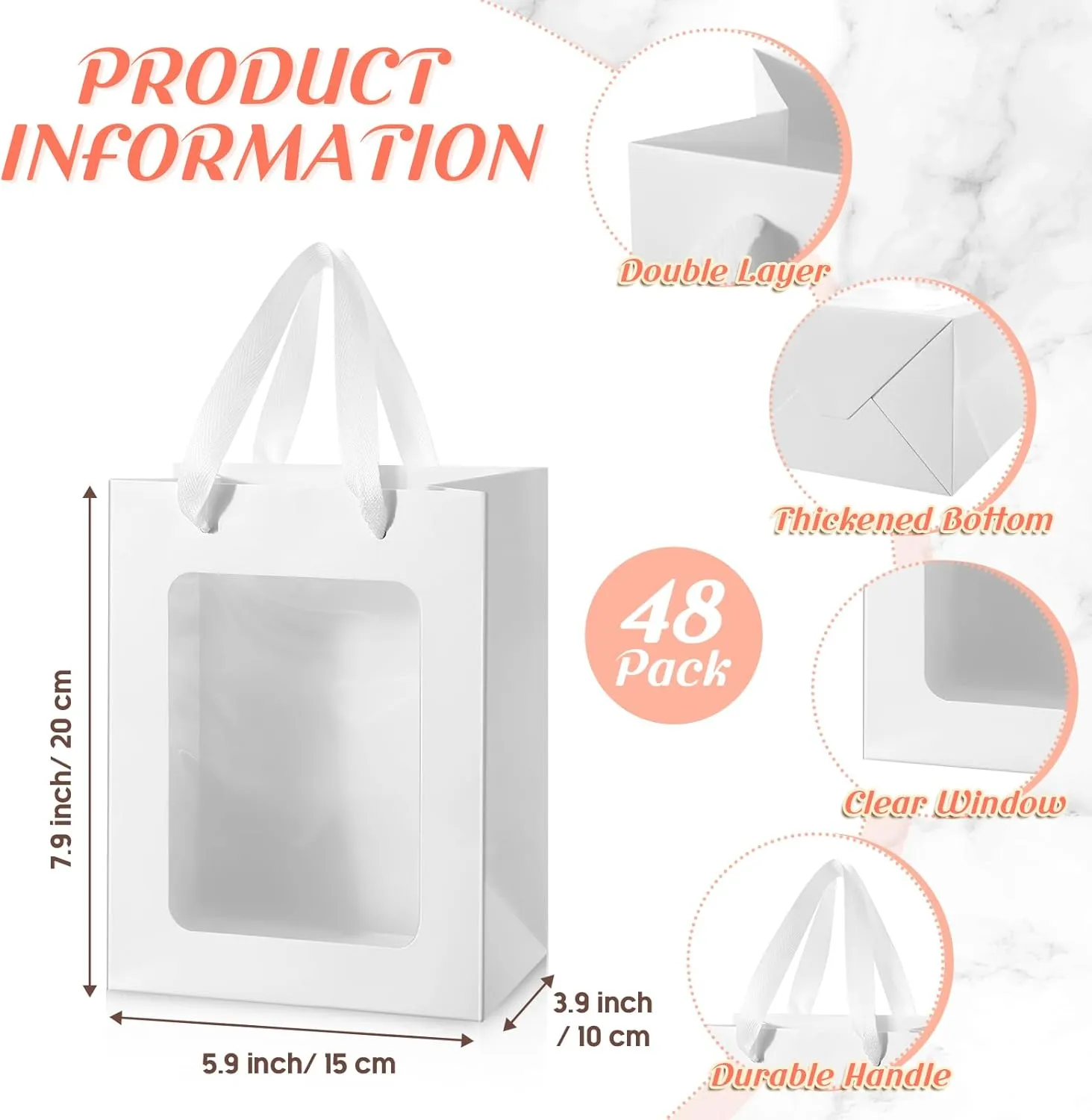 Harloon 48 Pieces Paper Gift Bag with Transparent Clear Window 7.9 x 5.9 x 3.9 Inch Kraft Bags with Handles for Easter Bridal Baby Shower Graduate Mother's Day Birthday Party Supplies(White)
