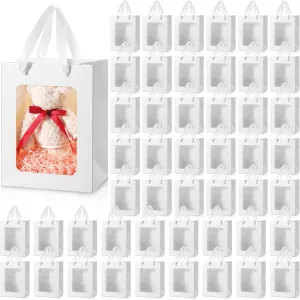 Harloon 48 Pieces Paper Gift Bag with Transparent Clear Window 7.9 x 5.9 x 3.9 Inch Kraft Bags with Handles for Easter Bridal Baby Shower Graduate Mother's Day Birthday Party Supplies(White)