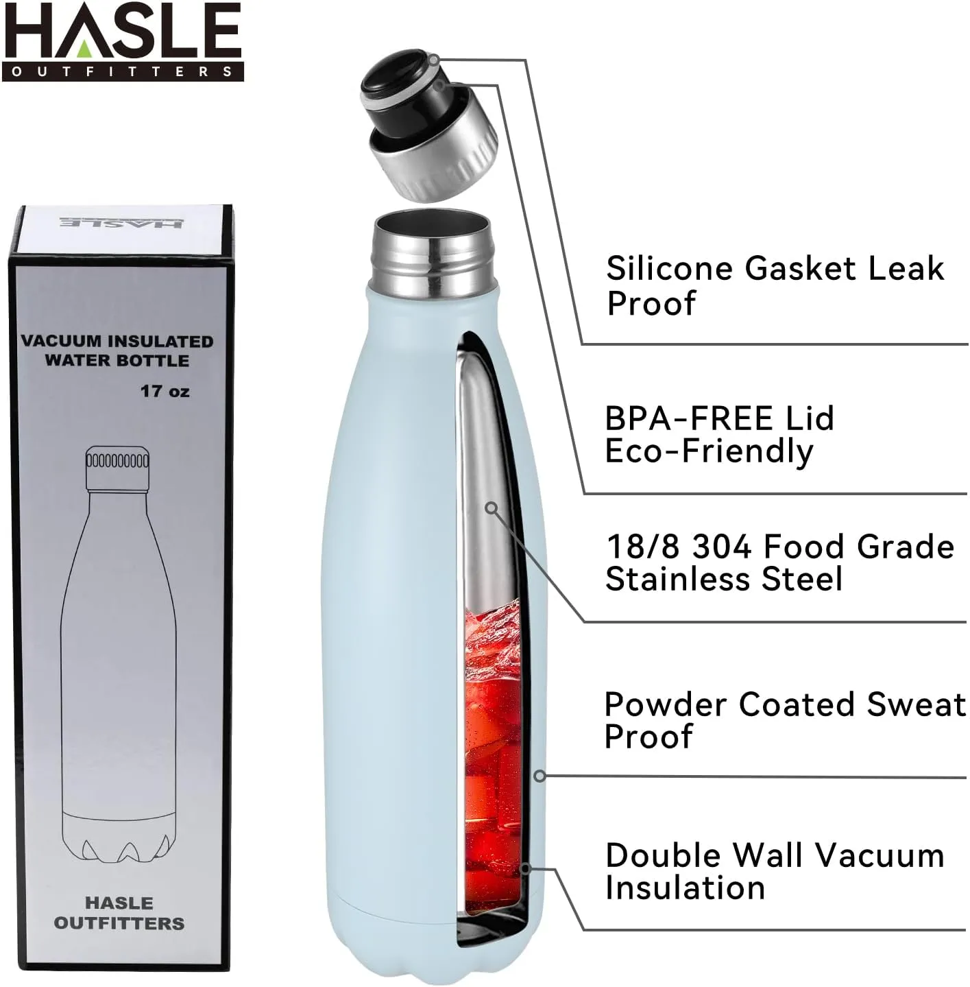 HASLE OUTFITTERS 17oz Stainless Steel Water Bottles, Vacuum Insulated Water Bottles Double Walled Powder Coated Reusable Metal Sports Water Bottles Keep Drinks Hot and Cold,Sky Light Blue, 1Pack
