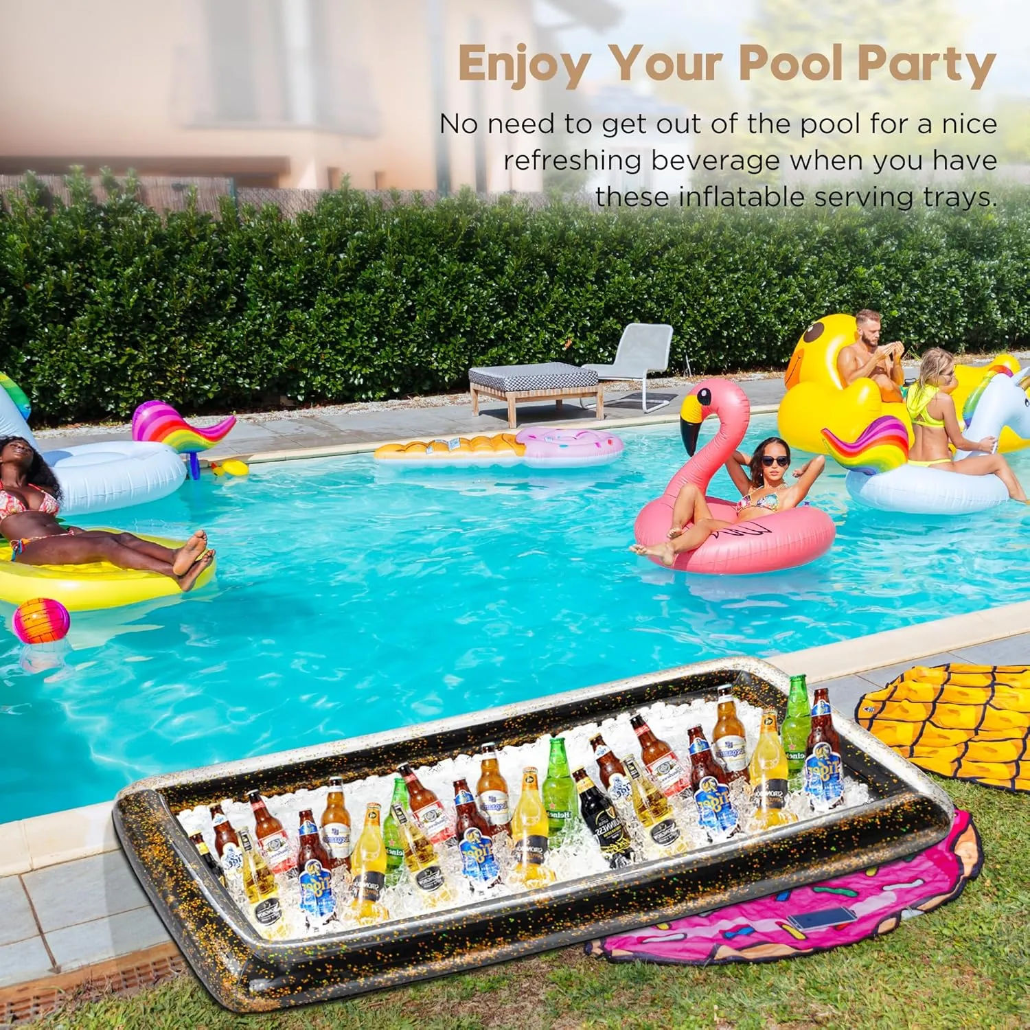 HBlife 3 PCS Inflatable Serving Bar, Inflatable Buffet Cooler for Party, BBQ, Luau, Salad Ice Tray Food Drink Containers with Drain Plug and 1 Hand Air Pump,