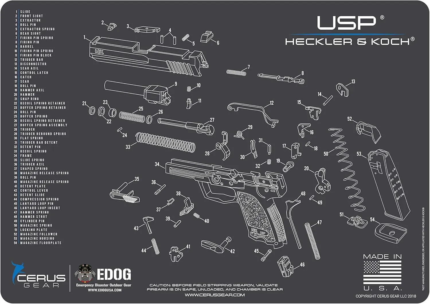 Heckler & Koch USP EDOG Cerus Gear Schematic (Exploded View) Heavy Duty Pistol Cleaning 12x17 Padded Gun-Work Surface Protector Mats Solvent & Oil Resistant