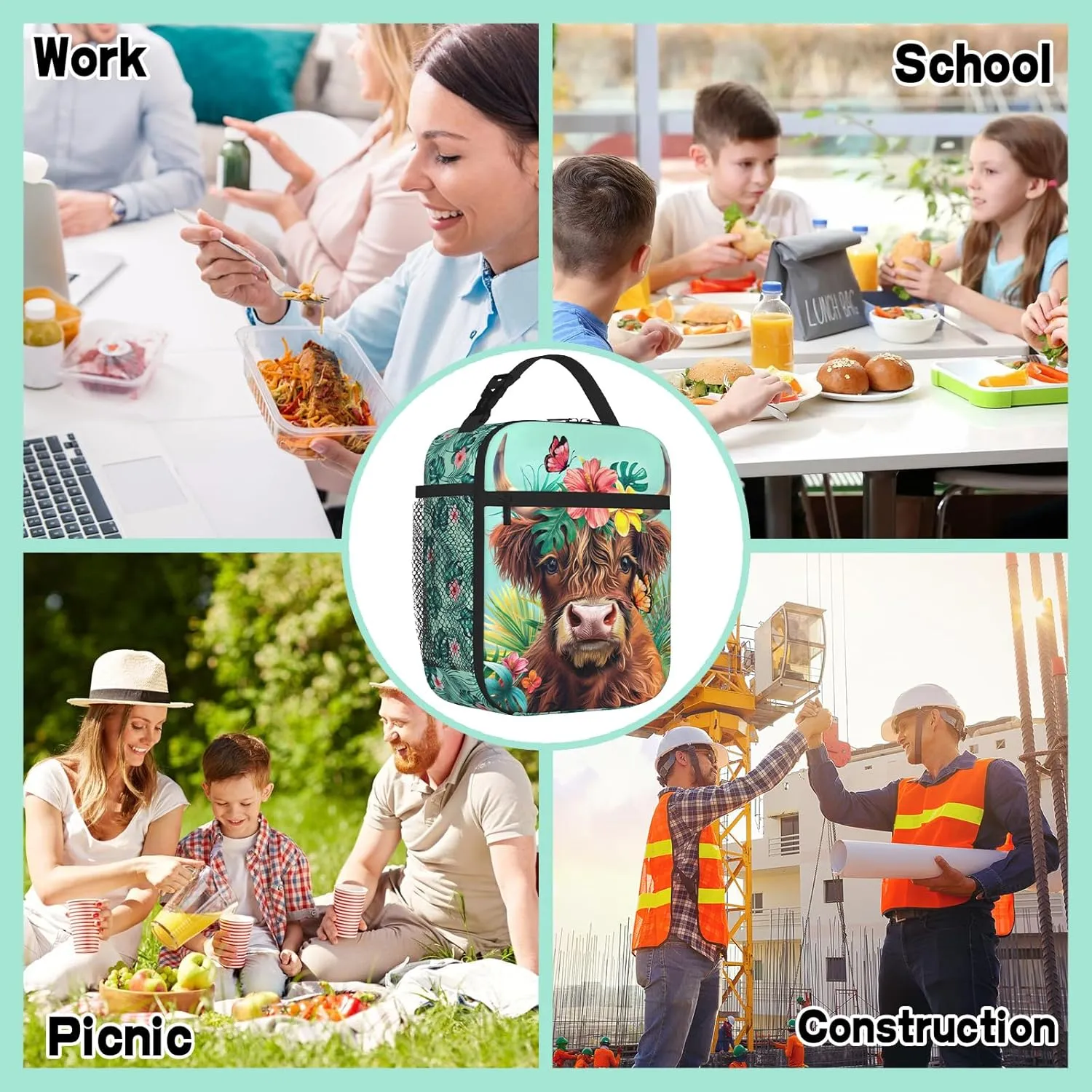 Highland Cow Lunch Bag For Boys Girls Reusable Cute Animal Highland Cow Lunch Box for Kids Adult Insulated Meal Cooler Bags Waterproof Leakproof Portable Lunch Tote For School Work Travel Picnic