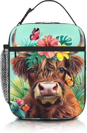 Highland Cow Lunch Bag For Boys Girls Reusable Cute Animal Highland Cow Lunch Box for Kids Adult Insulated Meal Cooler Bags Waterproof Leakproof Portable Lunch Tote For School Work Travel Picnic