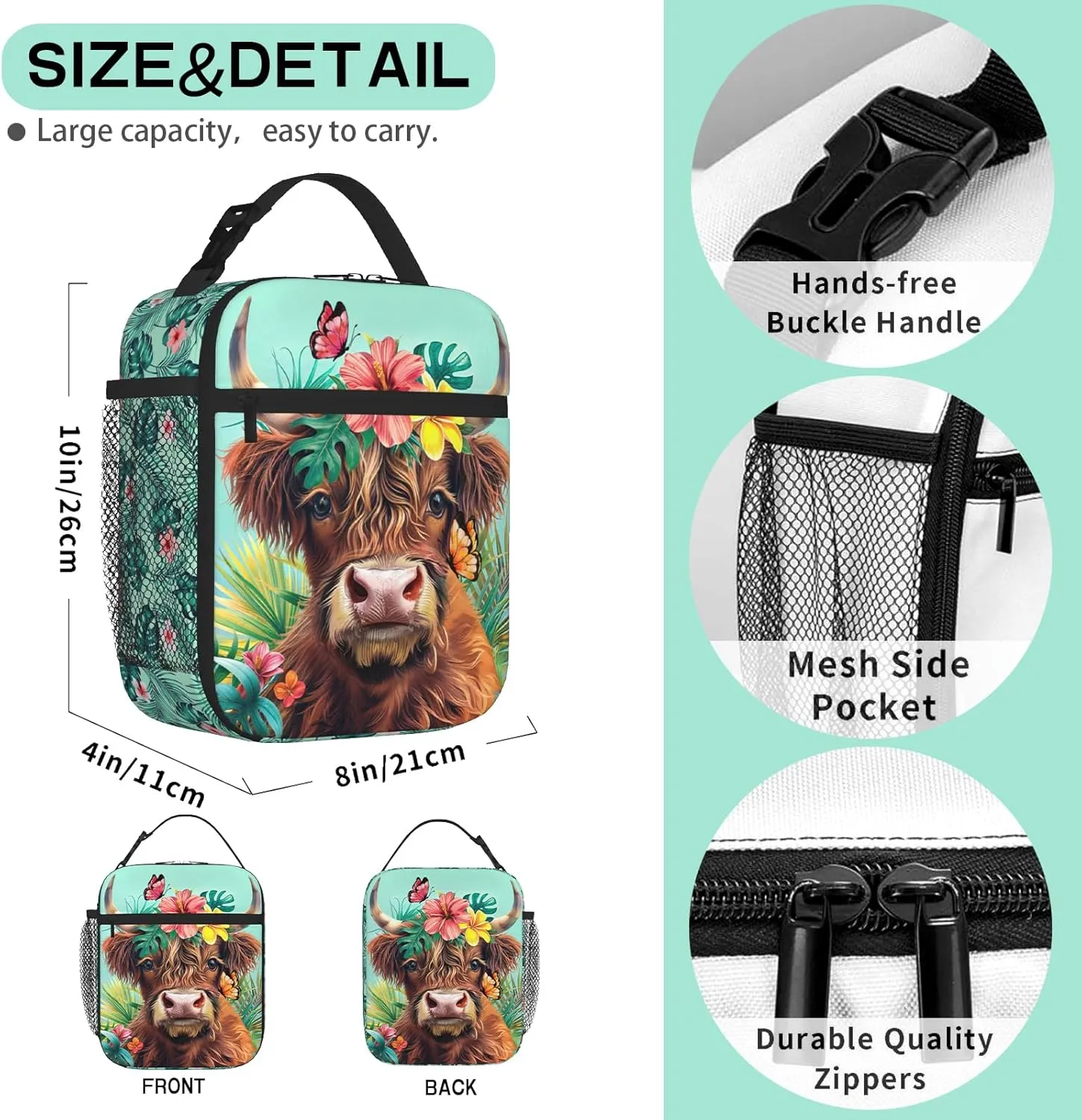 Highland Cow Lunch Bag For Boys Girls Reusable Cute Animal Highland Cow Lunch Box for Kids Adult Insulated Meal Cooler Bags Waterproof Leakproof Portable Lunch Tote For School Work Travel Picnic