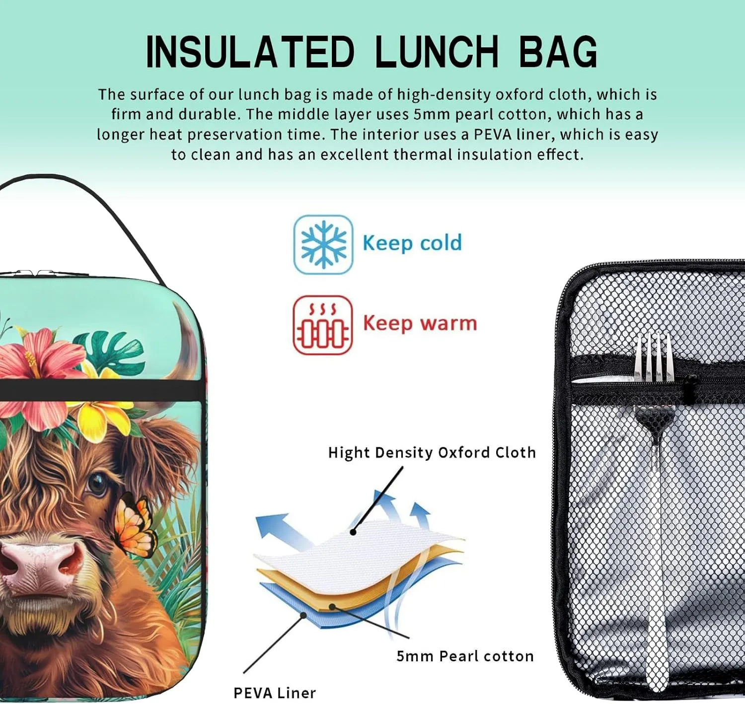 Highland Cow Lunch Bag For Boys Girls Reusable Cute Animal Highland Cow Lunch Box for Kids Adult Insulated Meal Cooler Bags Waterproof Leakproof Portable Lunch Tote For School Work Travel Picnic