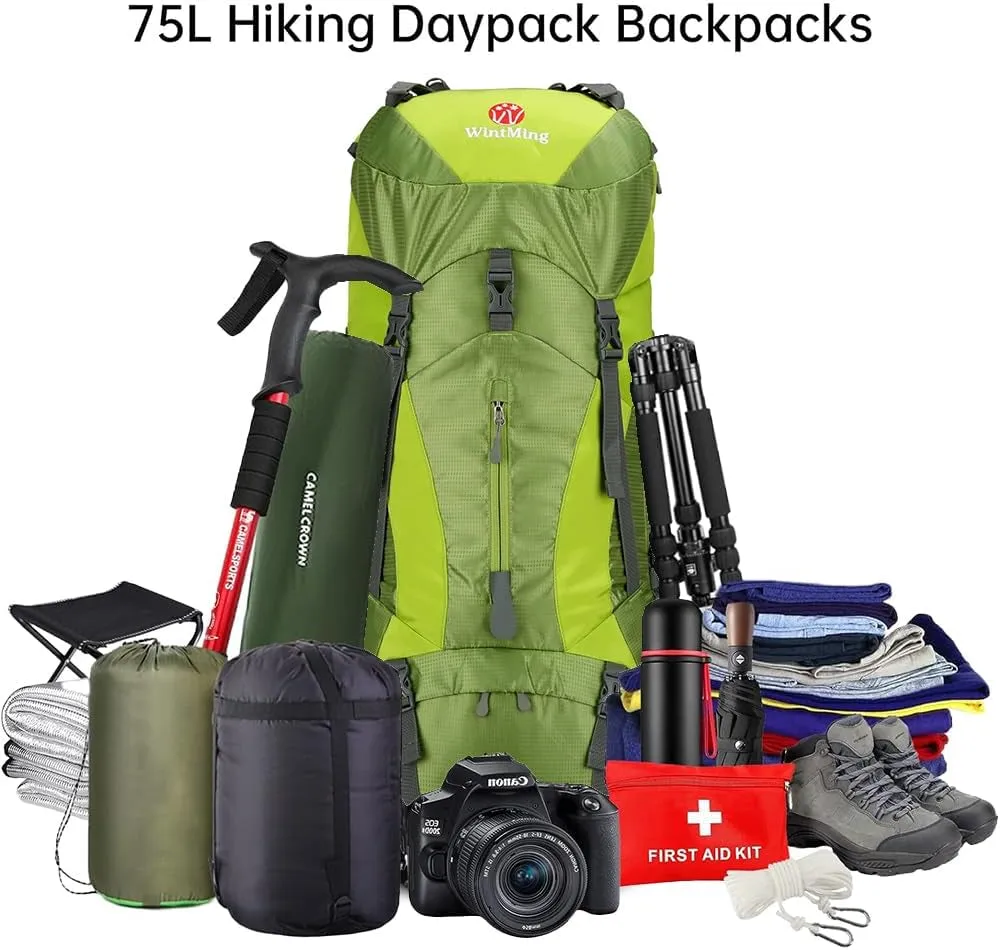 Hiking Backpack for Men and Women 70L 5L Waterproof Lightweight Camping Daypack with Rain Cover for Outdoor Travel Mountaineering - Frameless (Green)
