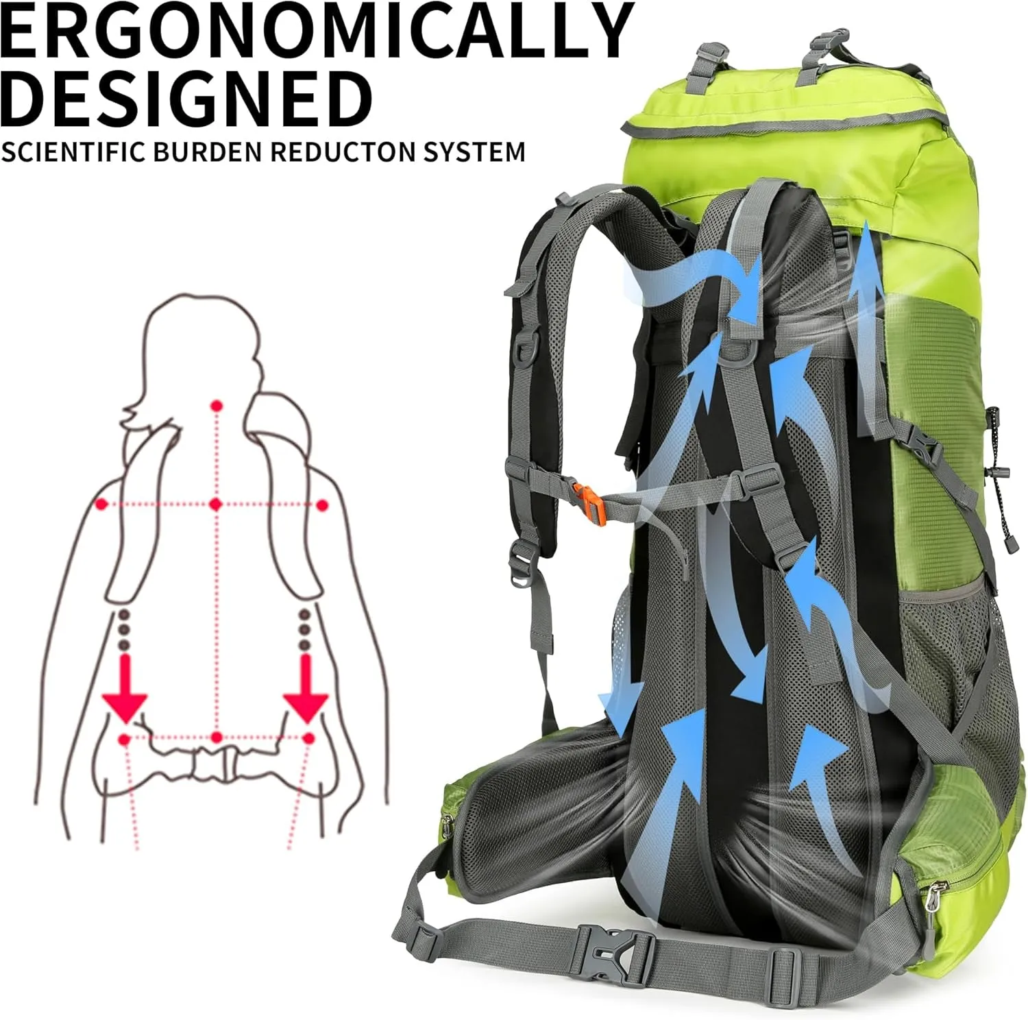 Hiking Backpack for Men and Women 70L 5L Waterproof Lightweight Camping Daypack with Rain Cover for Outdoor Travel Mountaineering - Frameless (Green)