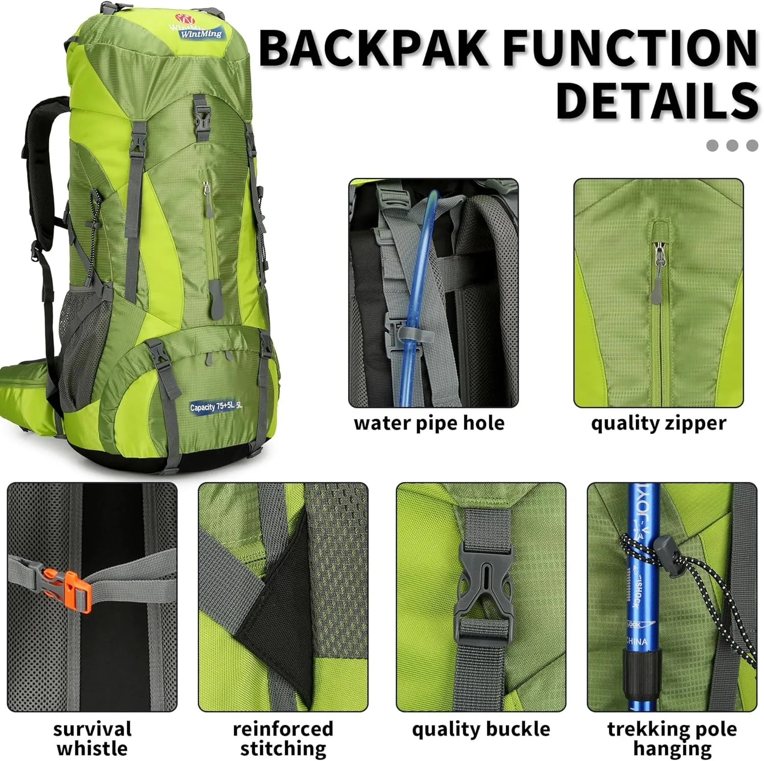 Hiking Backpack for Men and Women 70L 5L Waterproof Lightweight Camping Daypack with Rain Cover for Outdoor Travel Mountaineering - Frameless (Green)