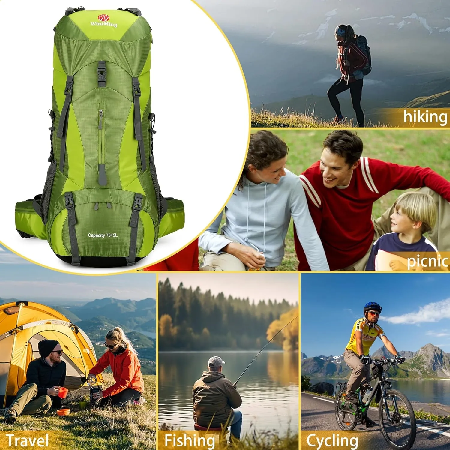Hiking Backpack for Men and Women 70L 5L Waterproof Lightweight Camping Daypack with Rain Cover for Outdoor Travel Mountaineering - Frameless (Green)