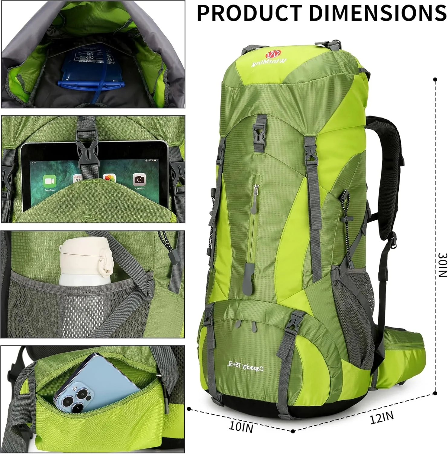 Hiking Backpack for Men and Women 70L 5L Waterproof Lightweight Camping Daypack with Rain Cover for Outdoor Travel Mountaineering - Frameless (Green)
