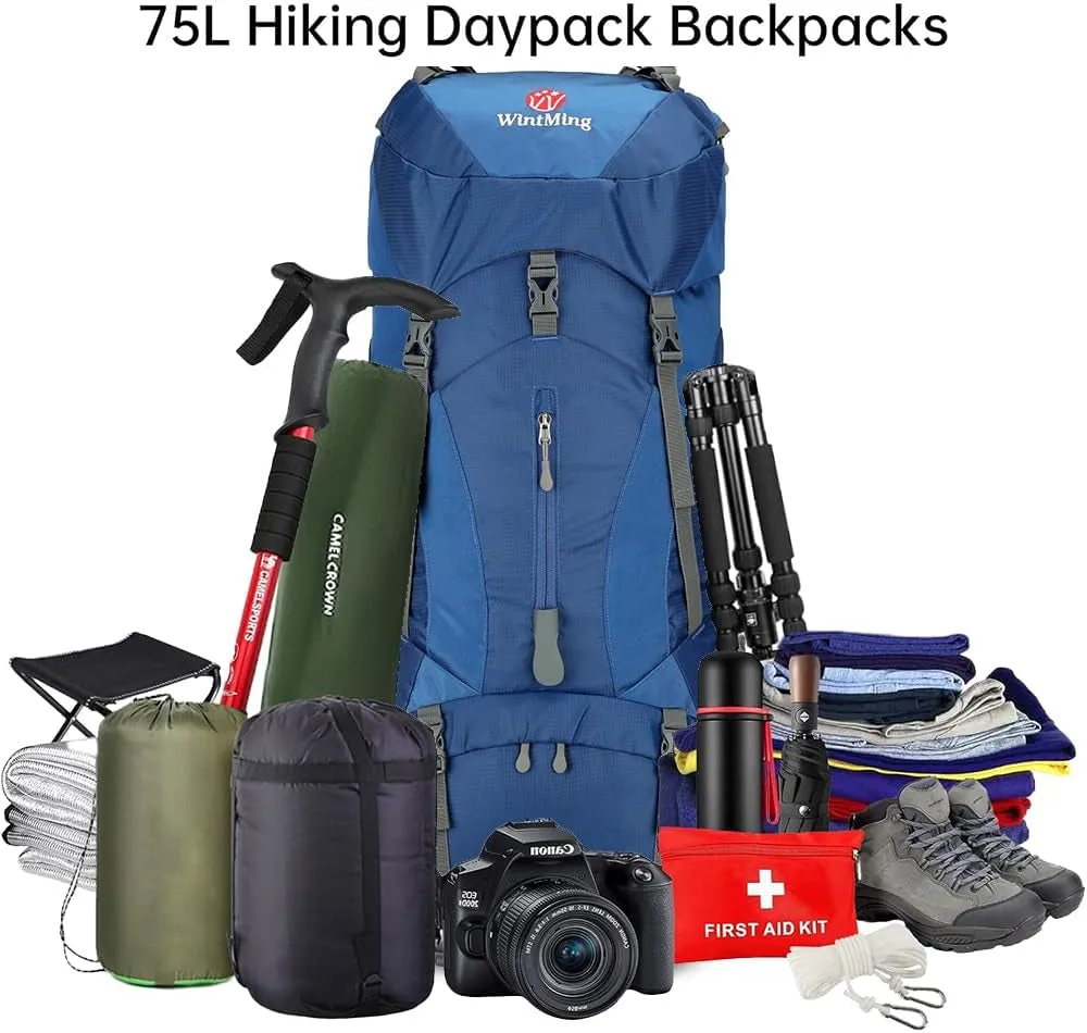Hiking Backpack for Men and Women 70L 5L Waterproof Lightweight Camping Daypack with Rain Cover for Outdoor Travel Mountaineering - Frameless (Navy)