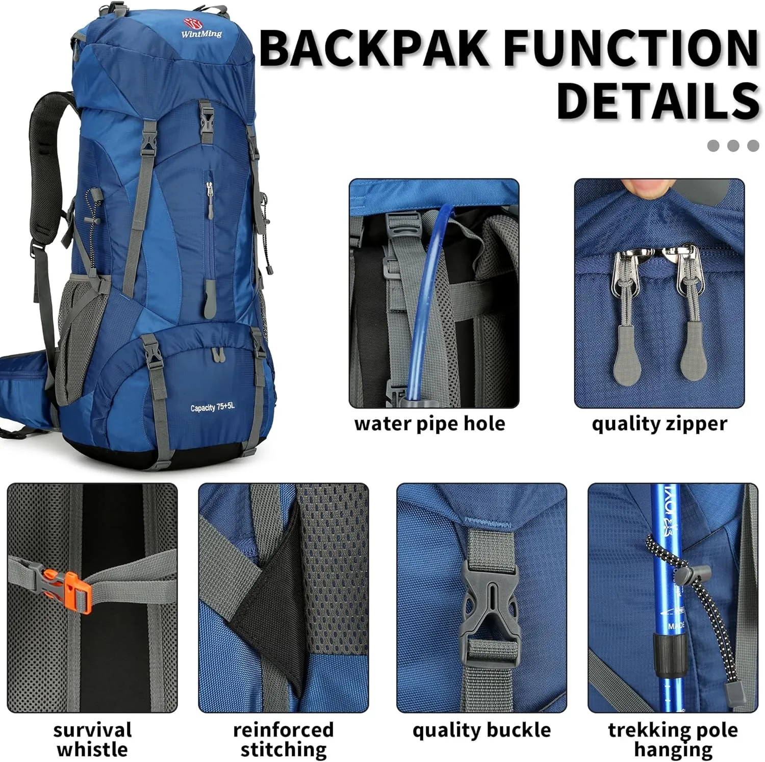 Hiking Backpack for Men and Women 70L 5L Waterproof Lightweight Camping Daypack with Rain Cover for Outdoor Travel Mountaineering - Frameless (Navy)
