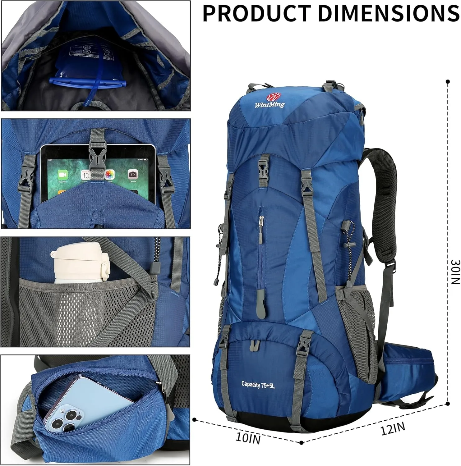 Hiking Backpack for Men and Women 70L 5L Waterproof Lightweight Camping Daypack with Rain Cover for Outdoor Travel Mountaineering - Frameless (Navy)