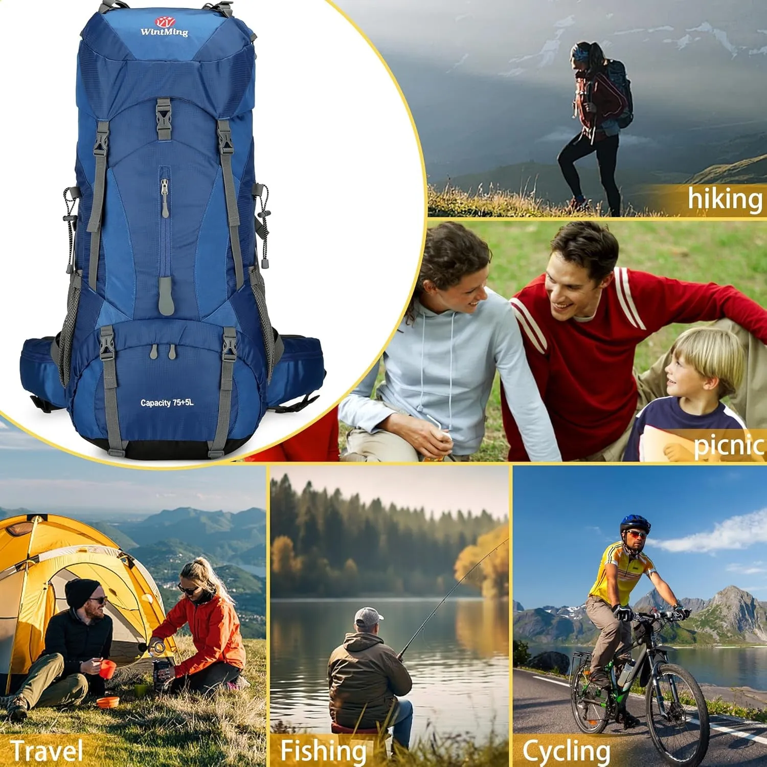 Hiking Backpack for Men and Women 70L 5L Waterproof Lightweight Camping Daypack with Rain Cover for Outdoor Travel Mountaineering - Frameless (Navy)