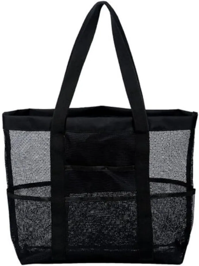 HomeSoGood Mesh Beach Bag, Black Large Tote Carry Net Bags with Multiple Pockets for Women Summer Travel