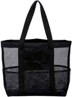 HomeSoGood Mesh Beach Bag, Black Large Tote Carry Net Bags with Multiple Pockets for Women Summer Travel