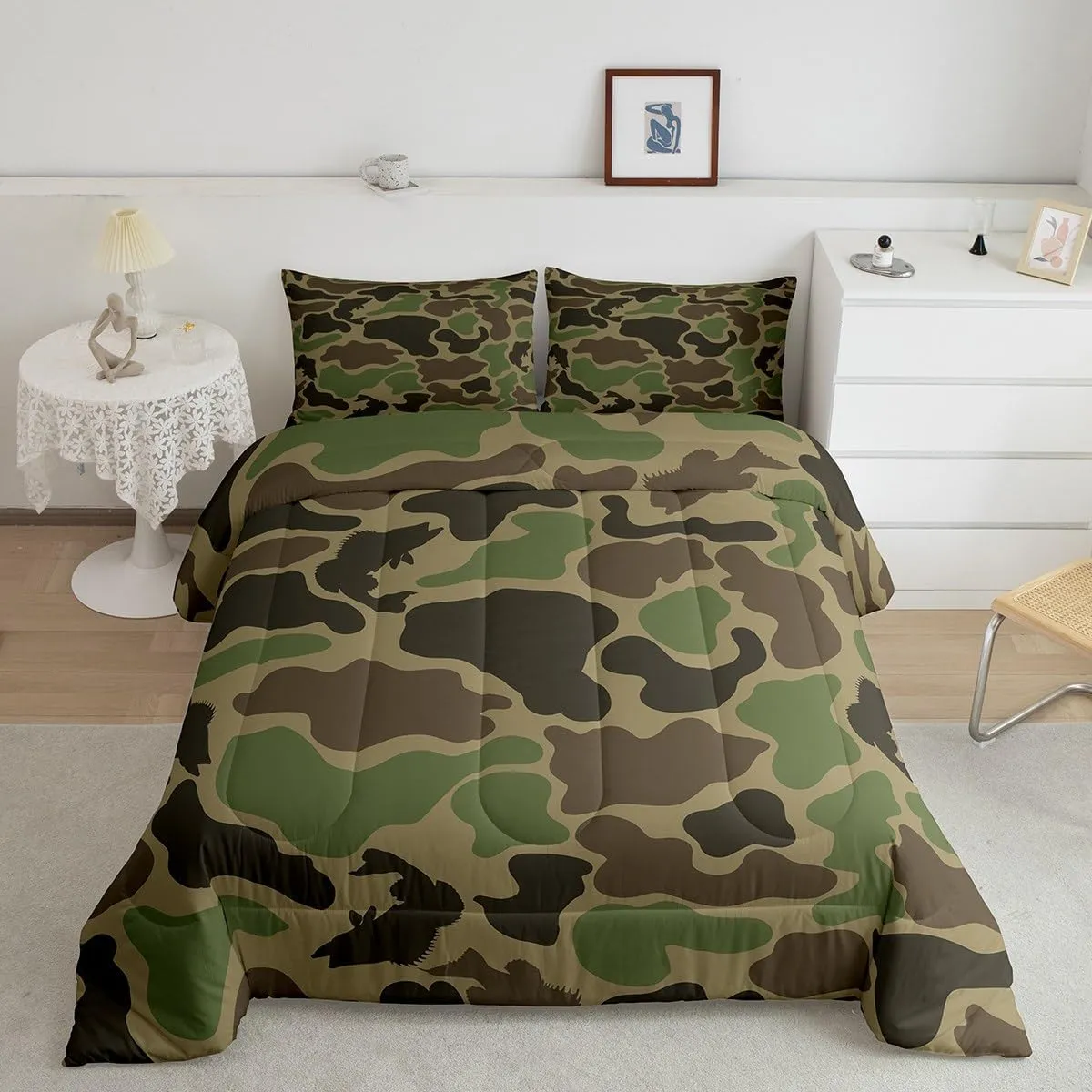 Homewish Army Green Camo Comforter Set Full Size,Bass Fish Print Quilted Duvet 3Pcs,Hunt Wild Animals Bedding Set for Kids Boys Teens Men Room Decor,Hunting and Fishing Down Comforter,2 Pillowcases