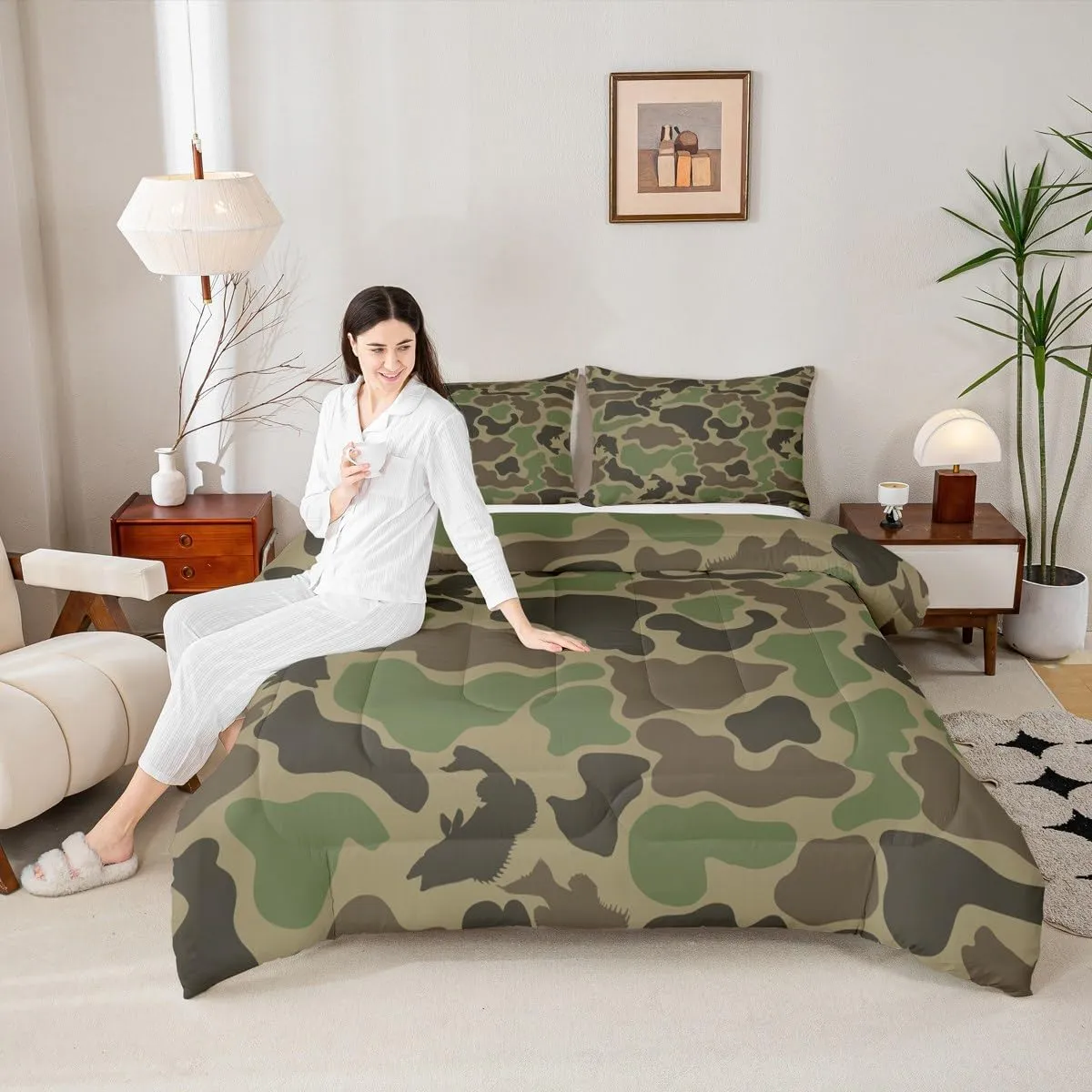 Homewish Army Green Camo Comforter Set Full Size,Bass Fish Print Quilted Duvet 3Pcs,Hunt Wild Animals Bedding Set for Kids Boys Teens Men Room Decor,Hunting and Fishing Down Comforter,2 Pillowcases