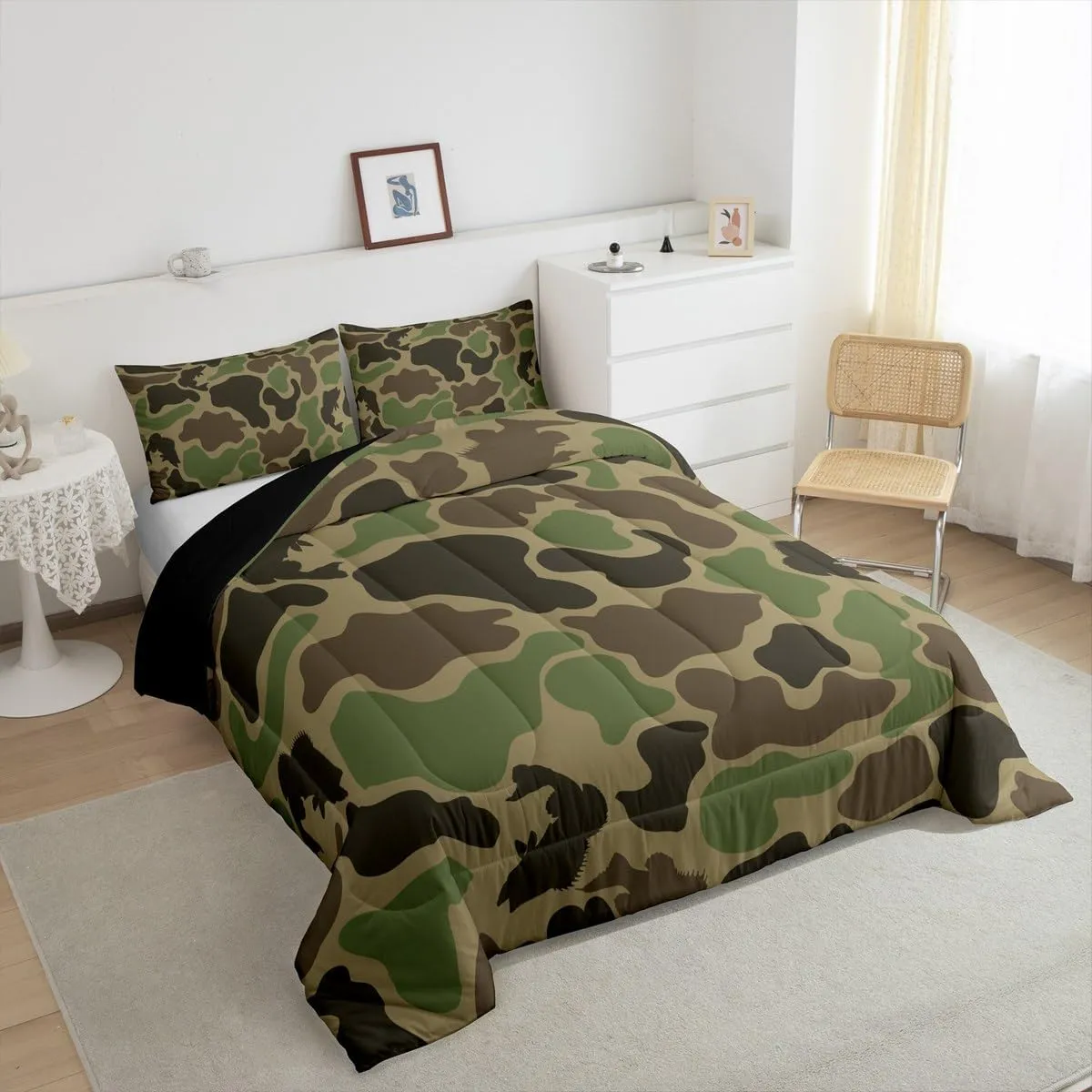 Homewish Army Green Camo Comforter Set Full Size,Bass Fish Print Quilted Duvet 3Pcs,Hunt Wild Animals Bedding Set for Kids Boys Teens Men Room Decor,Hunting and Fishing Down Comforter,2 Pillowcases