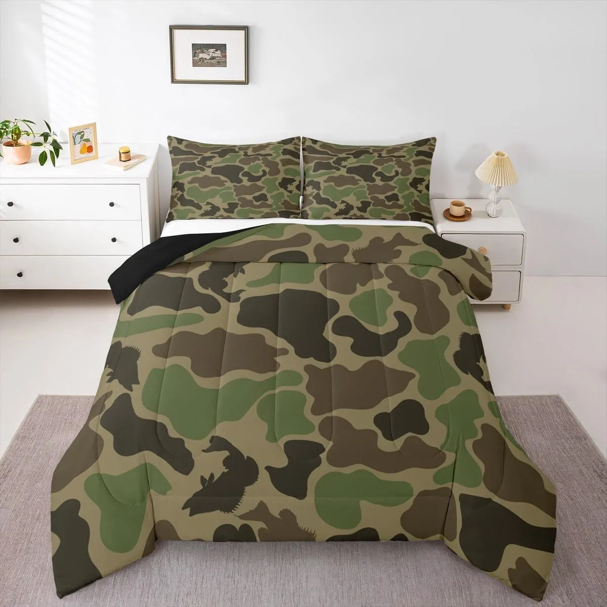 Homewish Army Green Camo Comforter Set Full Size,Bass Fish Print Quilted Duvet 3Pcs,Hunt Wild Animals Bedding Set for Kids Boys Teens Men Room Decor,Hunting and Fishing Down Comforter,2 Pillowcases