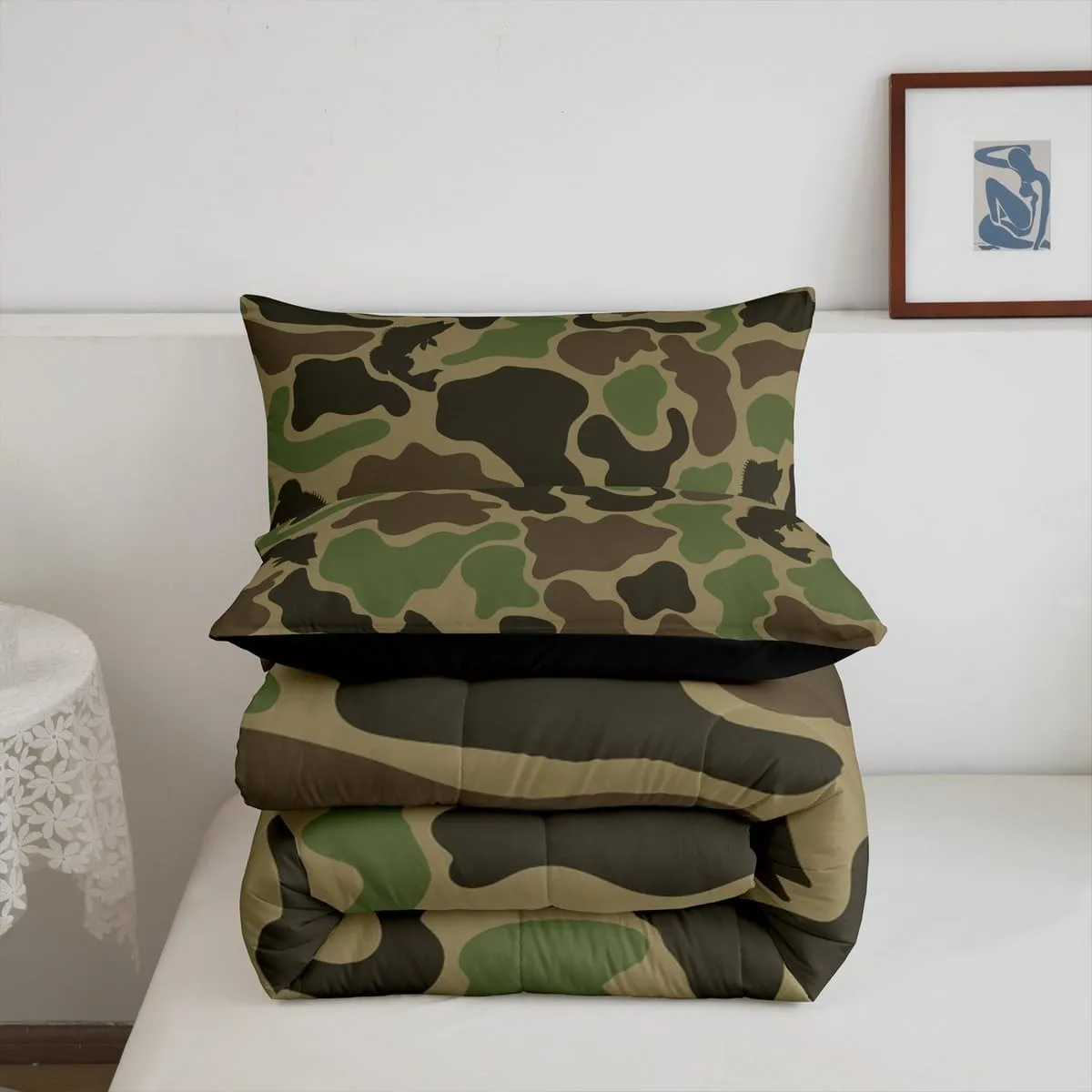 Homewish Army Green Camo Comforter Set Full Size,Bass Fish Print Quilted Duvet 3Pcs,Hunt Wild Animals Bedding Set for Kids Boys Teens Men Room Decor,Hunting and Fishing Down Comforter,2 Pillowcases