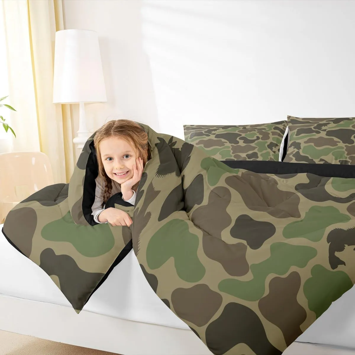 Homewish Army Green Camo Comforter Set Full Size,Bass Fish Print Quilted Duvet 3Pcs,Hunt Wild Animals Bedding Set for Kids Boys Teens Men Room Decor,Hunting and Fishing Down Comforter,2 Pillowcases