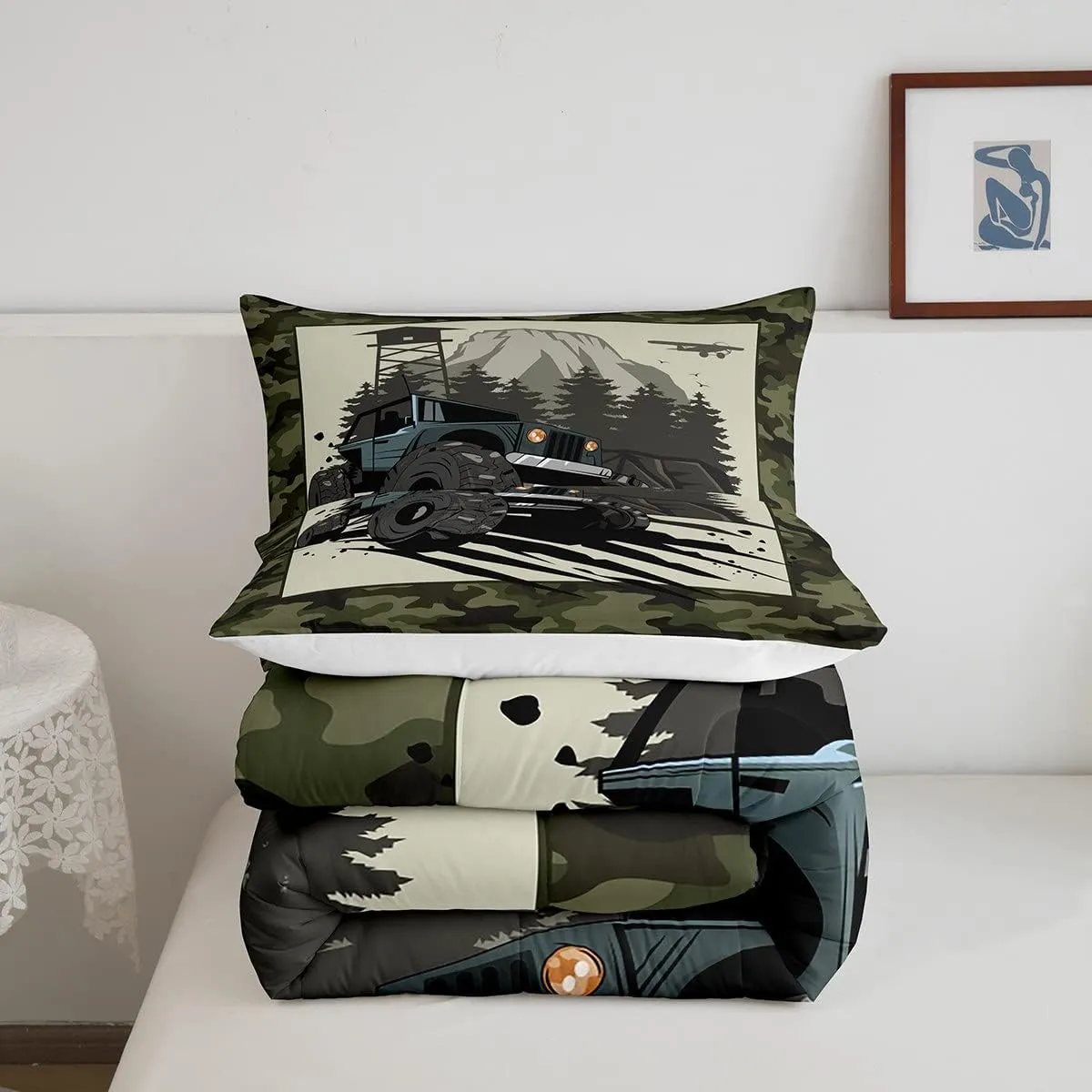 Homewish Mountain Vehicle Comforter Set Twin Size Outdoor Adventure Trip Quilt Set Kids Boys Men Army Green Camouflage Bedding Set 2pcs Bedroom Decor Adult Camo Black Green Duvet Insert,1 Pillowcase