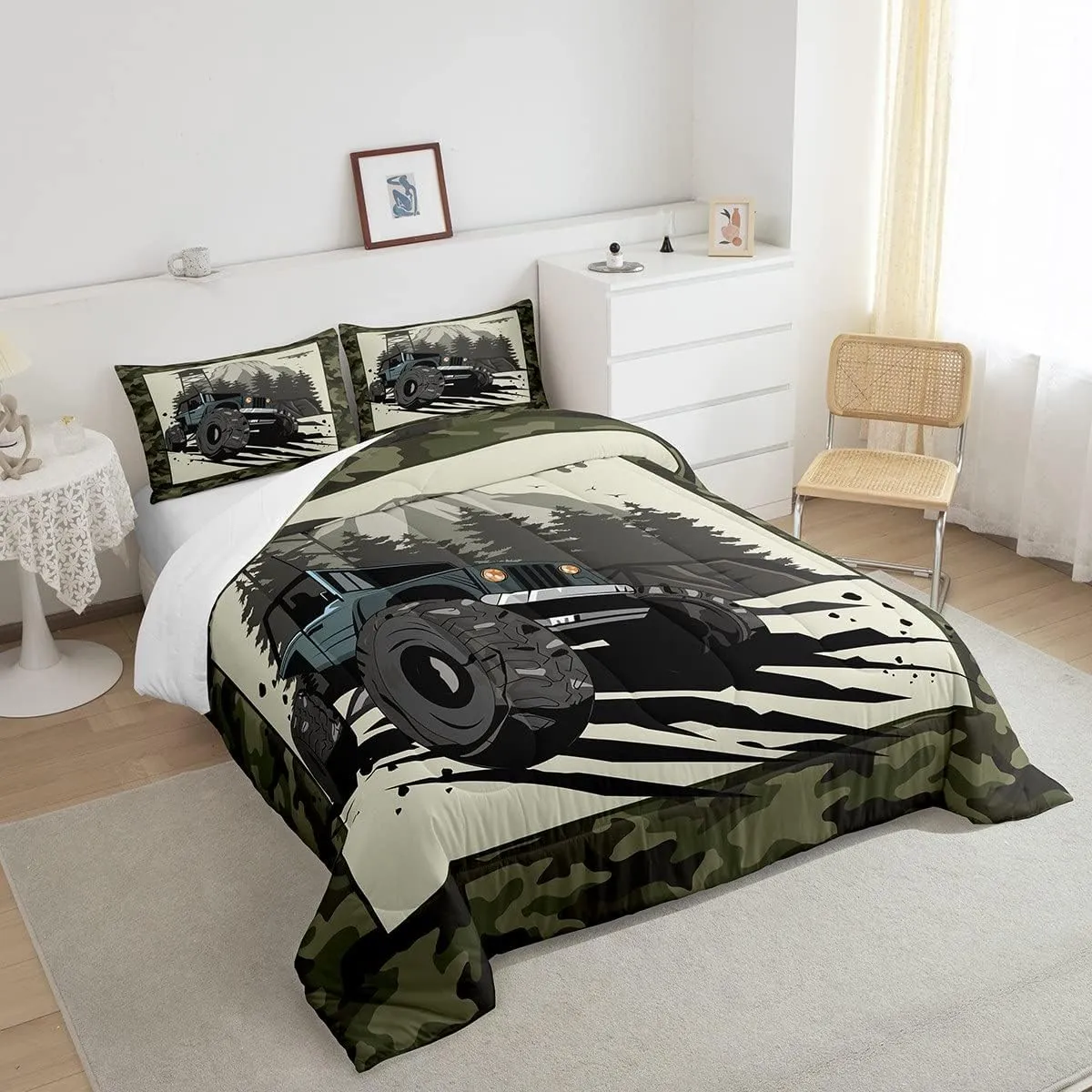 Homewish Mountain Vehicle Comforter Set Twin Size Outdoor Adventure Trip Quilt Set Kids Boys Men Army Green Camouflage Bedding Set 2pcs Bedroom Decor Adult Camo Black Green Duvet Insert,1 Pillowcase