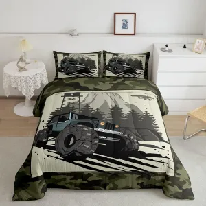 Homewish Mountain Vehicle Comforter Set Twin Size Outdoor Adventure Trip Quilt Set Kids Boys Men Army Green Camouflage Bedding Set 2pcs Bedroom Decor Adult Camo Black Green Duvet Insert,1 Pillowcase