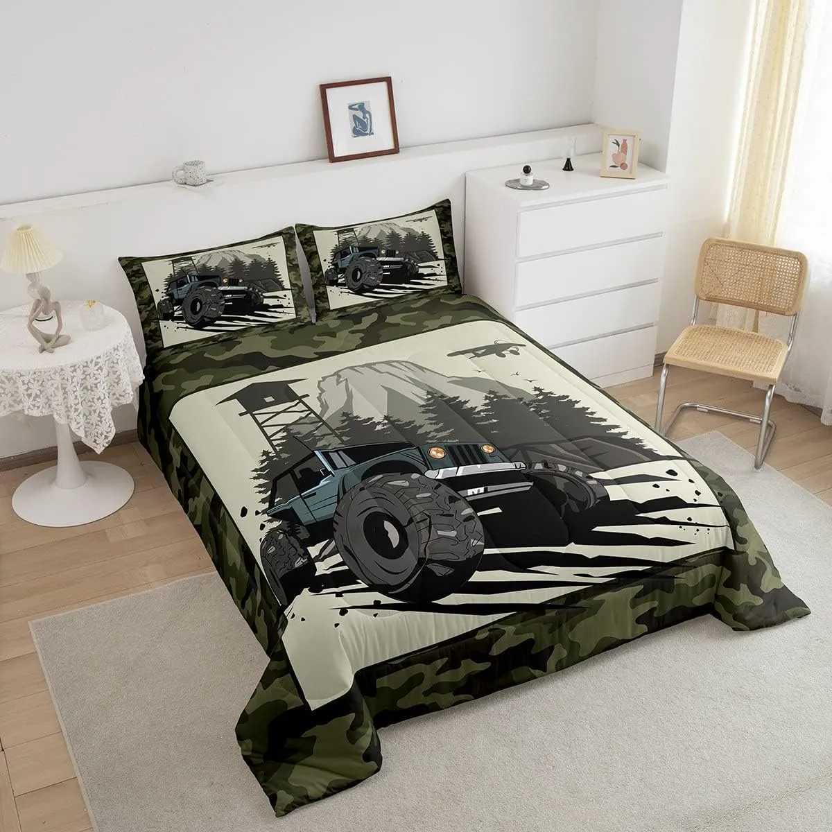 Homewish Mountain Vehicle Comforter Set Twin Size Outdoor Adventure Trip Quilt Set Kids Boys Men Army Green Camouflage Bedding Set 2pcs Bedroom Decor Adult Camo Black Green Duvet Insert,1 Pillowcase