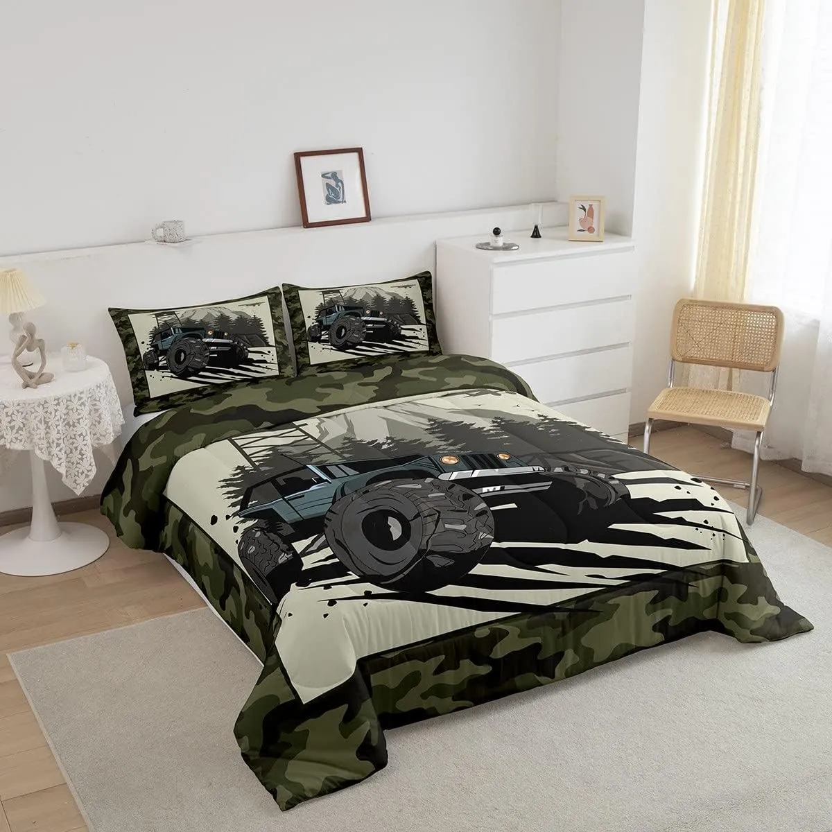 Homewish Mountain Vehicle Comforter Set Twin Size Outdoor Adventure Trip Quilt Set Kids Boys Men Army Green Camouflage Bedding Set 2pcs Bedroom Decor Adult Camo Black Green Duvet Insert,1 Pillowcase