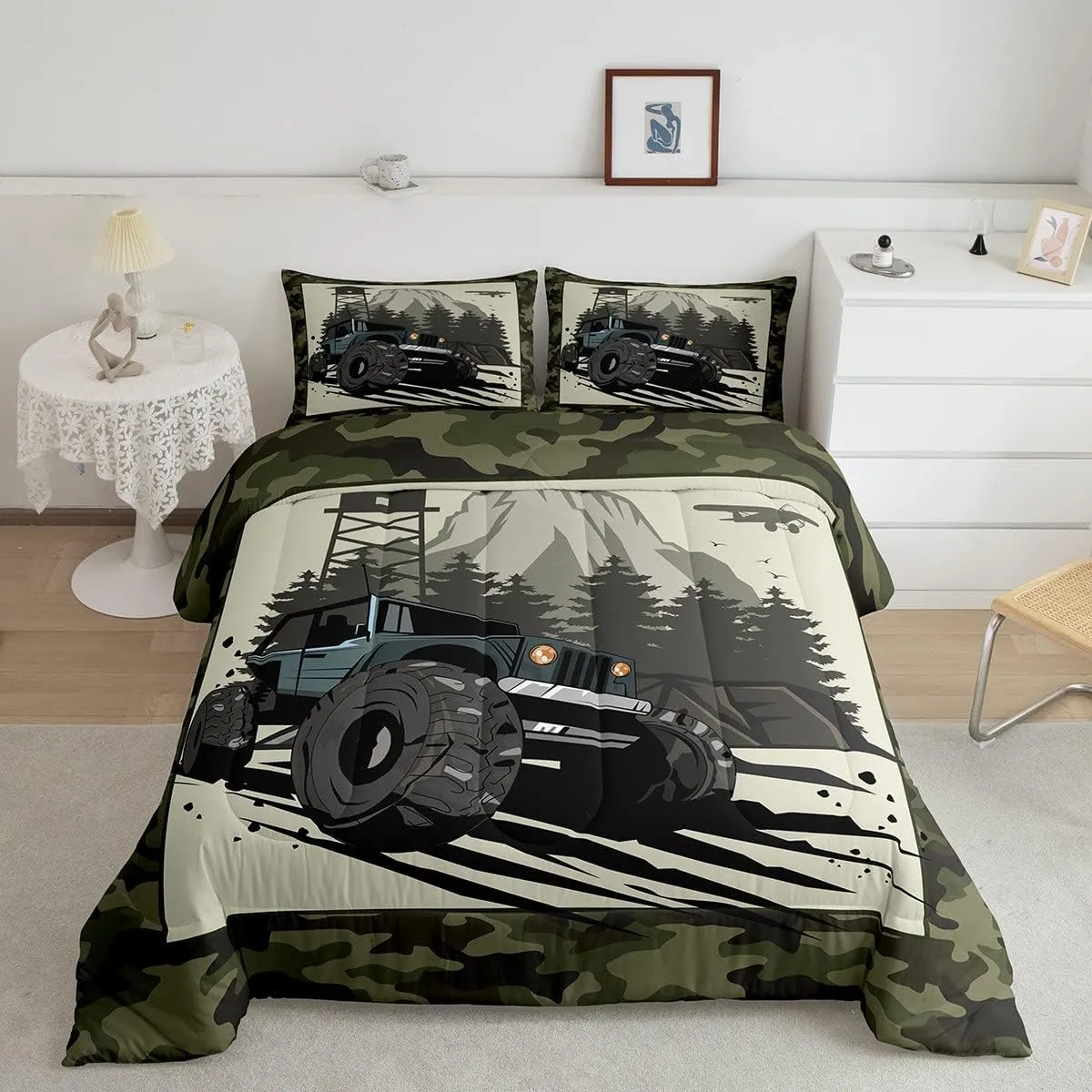 Homewish Mountain Vehicle Comforter Set Twin Size Outdoor Adventure Trip Quilt Set Kids Boys Men Army Green Camouflage Bedding Set 2pcs Bedroom Decor Adult Camo Black Green Duvet Insert,1 Pillowcase