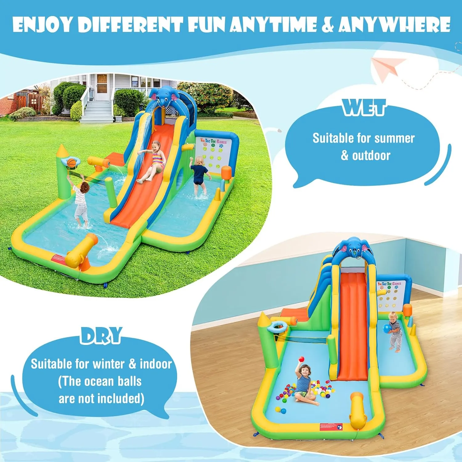 HONEY JOY Inflatable Water Slide, 9 in 1 Elephant Waterslide Water Park for Kids Backyard, Splash Pool, Tic Tac Toe, Climbing Wall, Water Slides Inflatables for Kids and Adults(with 950w Blower)
