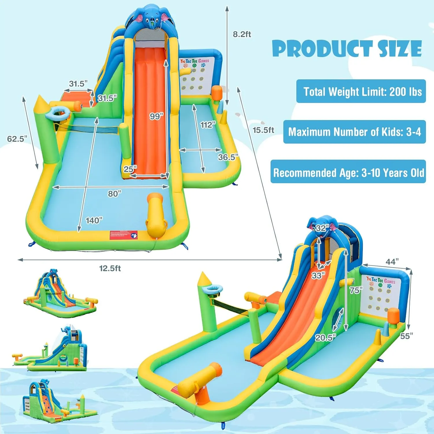 HONEY JOY Inflatable Water Slide, 9 in 1 Elephant Waterslide Water Park for Kids Backyard, Splash Pool, Tic Tac Toe, Climbing Wall, Water Slides Inflatables for Kids and Adults(with 950w Blower)