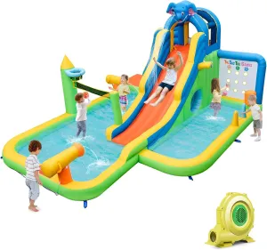 HONEY JOY Inflatable Water Slide, 9 in 1 Elephant Waterslide Water Park for Kids Backyard, Splash Pool, Tic Tac Toe, Climbing Wall, Water Slides Inflatables for Kids and Adults(with 950w Blower)