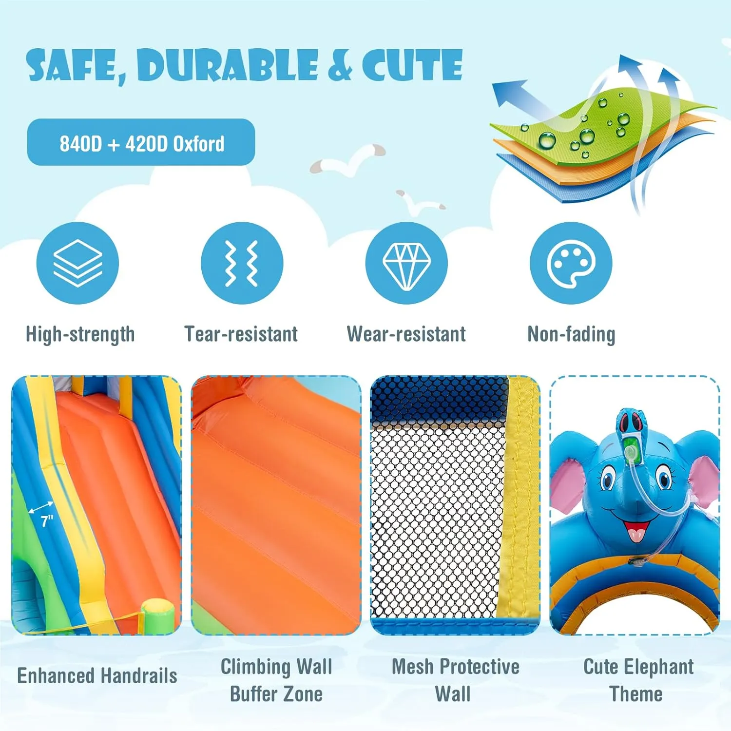 HONEY JOY Inflatable Water Slide, 9 in 1 Elephant Waterslide Water Park for Kids Backyard, Splash Pool, Tic Tac Toe, Climbing Wall, Water Slides Inflatables for Kids and Adults(with 950w Blower)