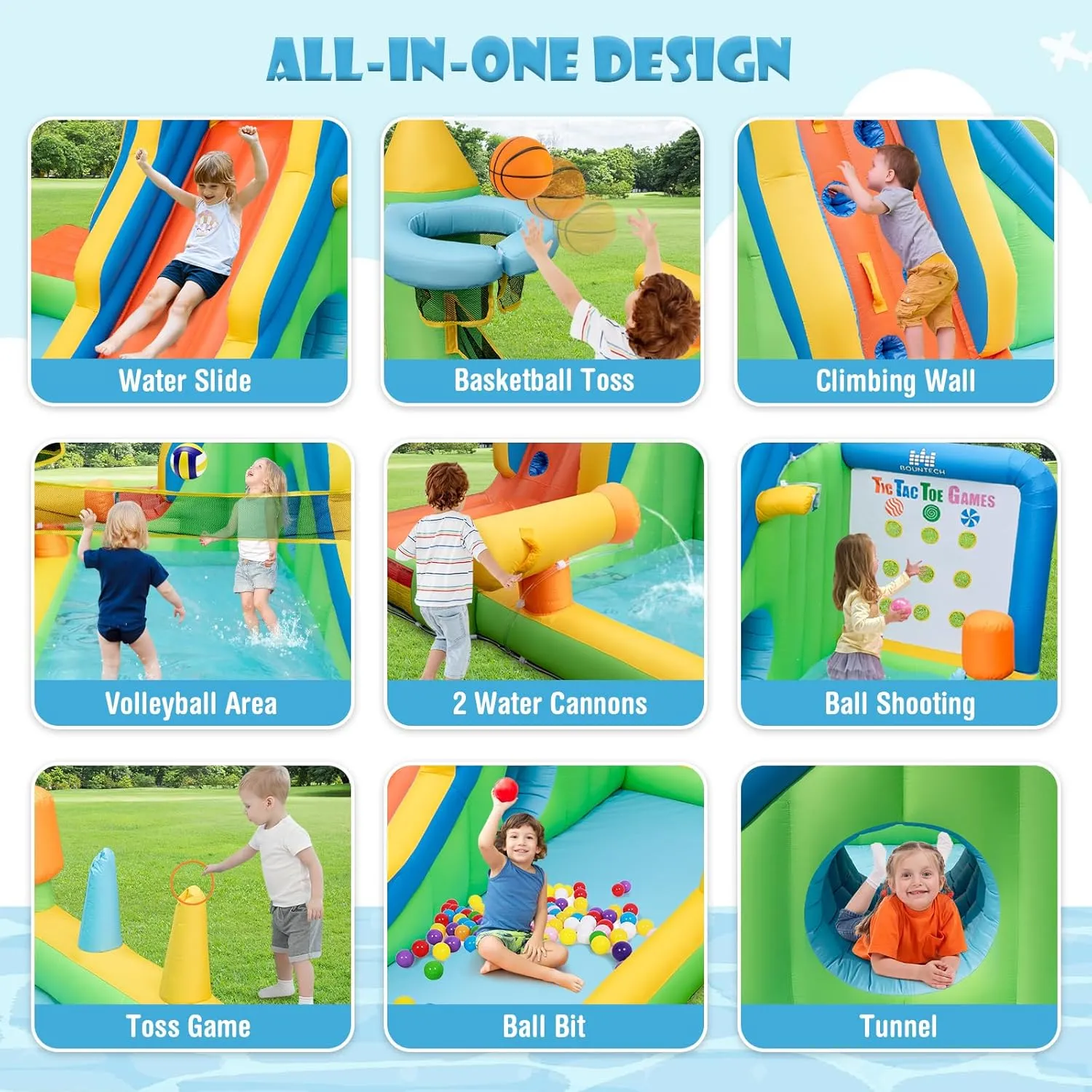 HONEY JOY Inflatable Water Slide, 9 in 1 Elephant Waterslide Water Park for Kids Backyard, Splash Pool, Tic Tac Toe, Climbing Wall, Water Slides Inflatables for Kids and Adults(with 950w Blower)