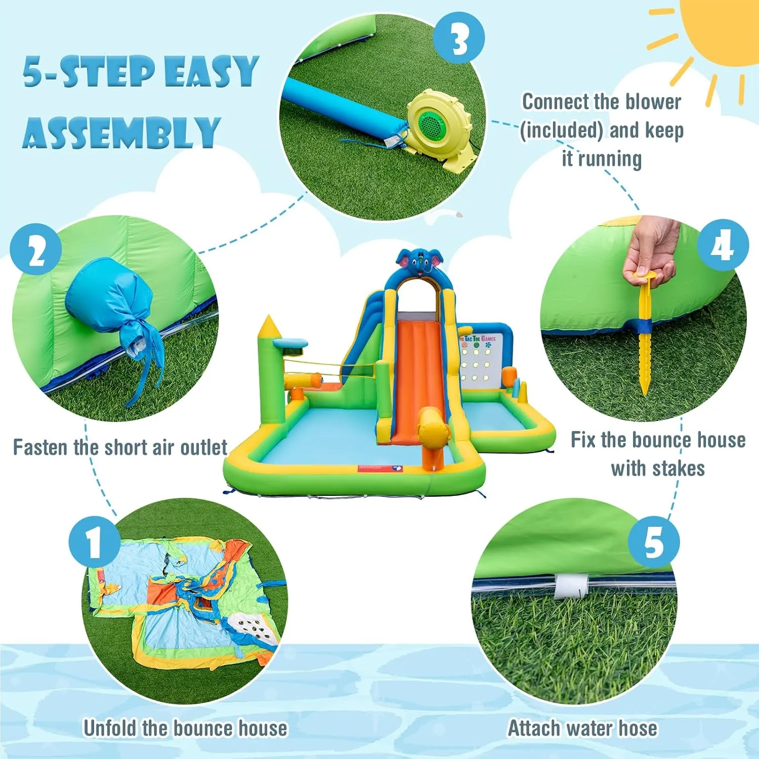 HONEY JOY Inflatable Water Slide, 9 in 1 Elephant Waterslide Water Park for Kids Backyard, Splash Pool, Tic Tac Toe, Climbing Wall, Water Slides Inflatables for Kids and Adults(with 950w Blower)