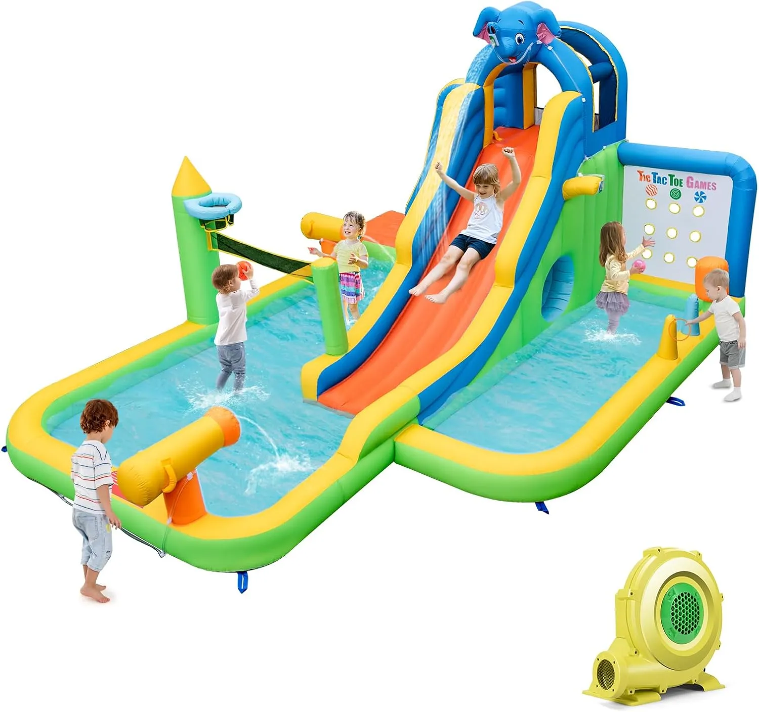 HONEY JOY Inflatable Water Slide, 9 in 1 Elephant Waterslide Water Park for Kids Backyard, Splash Pool, Tic Tac Toe, Climbing Wall, Water Slides Inflatables for Kids and Adults(with 950w Blower)