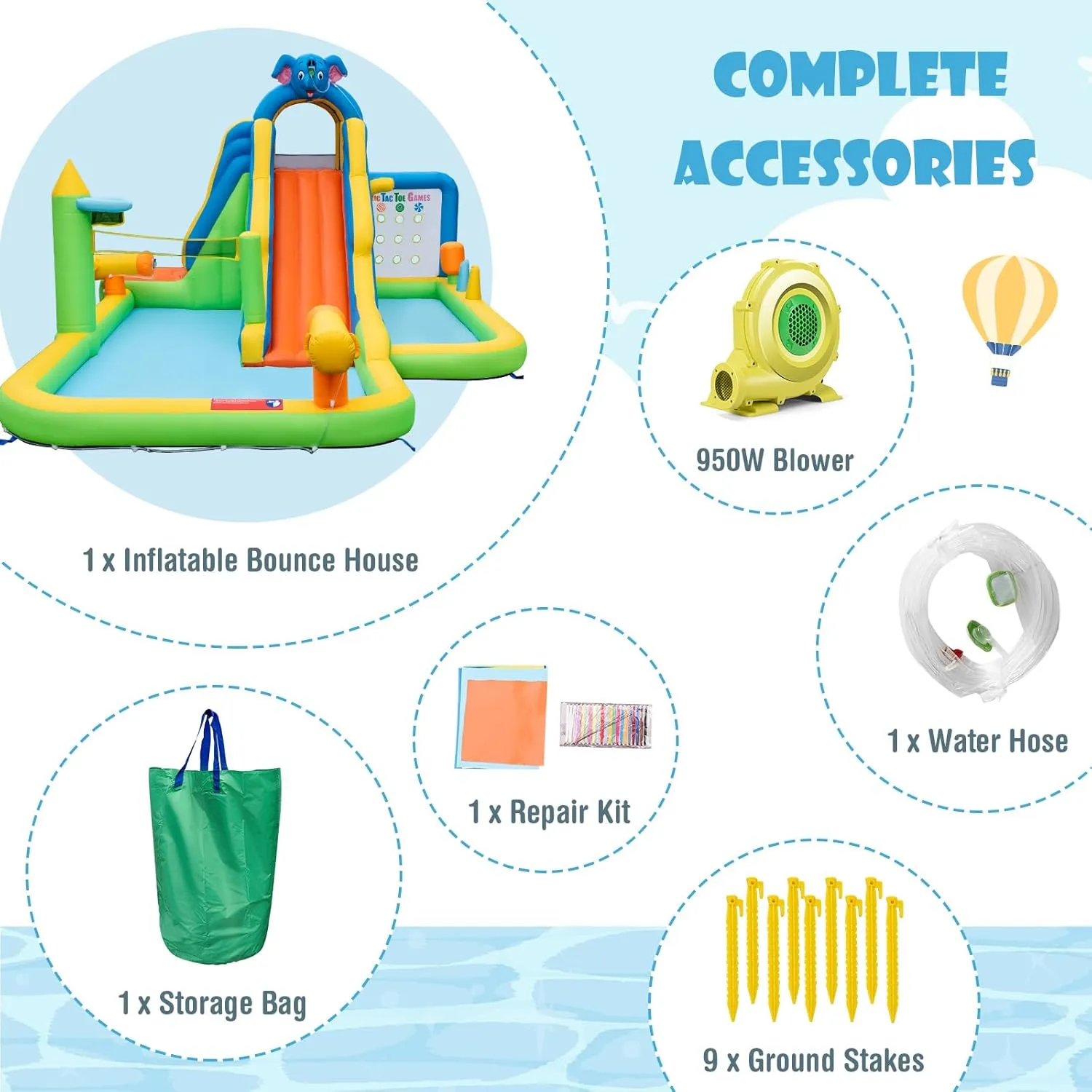 HONEY JOY Inflatable Water Slide, 9 in 1 Elephant Waterslide Water Park for Kids Backyard, Splash Pool, Tic Tac Toe, Climbing Wall, Water Slides Inflatables for Kids and Adults(with 950w Blower)