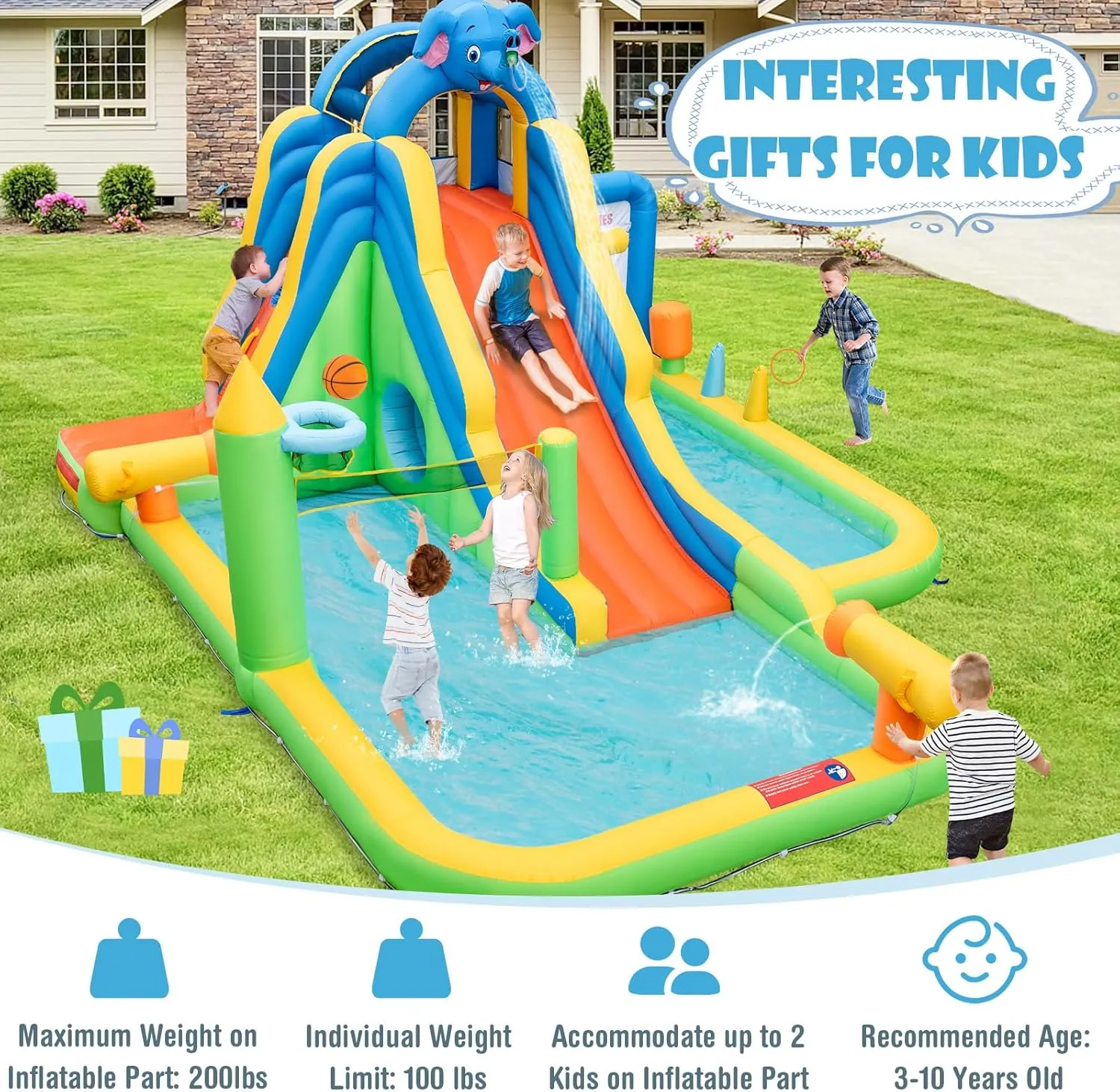 HONEY JOY Inflatable Water Slide, 9 in 1 Elephant Waterslide Water Park for Kids Backyard, Splash Pool, Tic Tac Toe, Climbing Wall, Water Slides Inflatables for Kids and Adults(with 950w Blower)